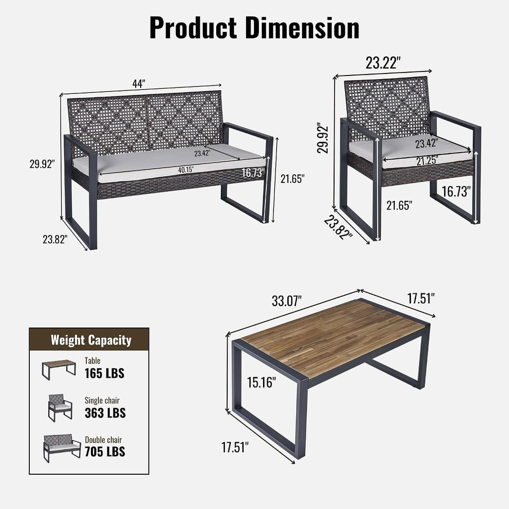 Merax 4 Pcs Patio Furniture Set, Outdoor Acacia Wood Table with 3 Chairs, All-Weather Garden Balcony Backyard Lawn Conversation Set (Brown and Beige)