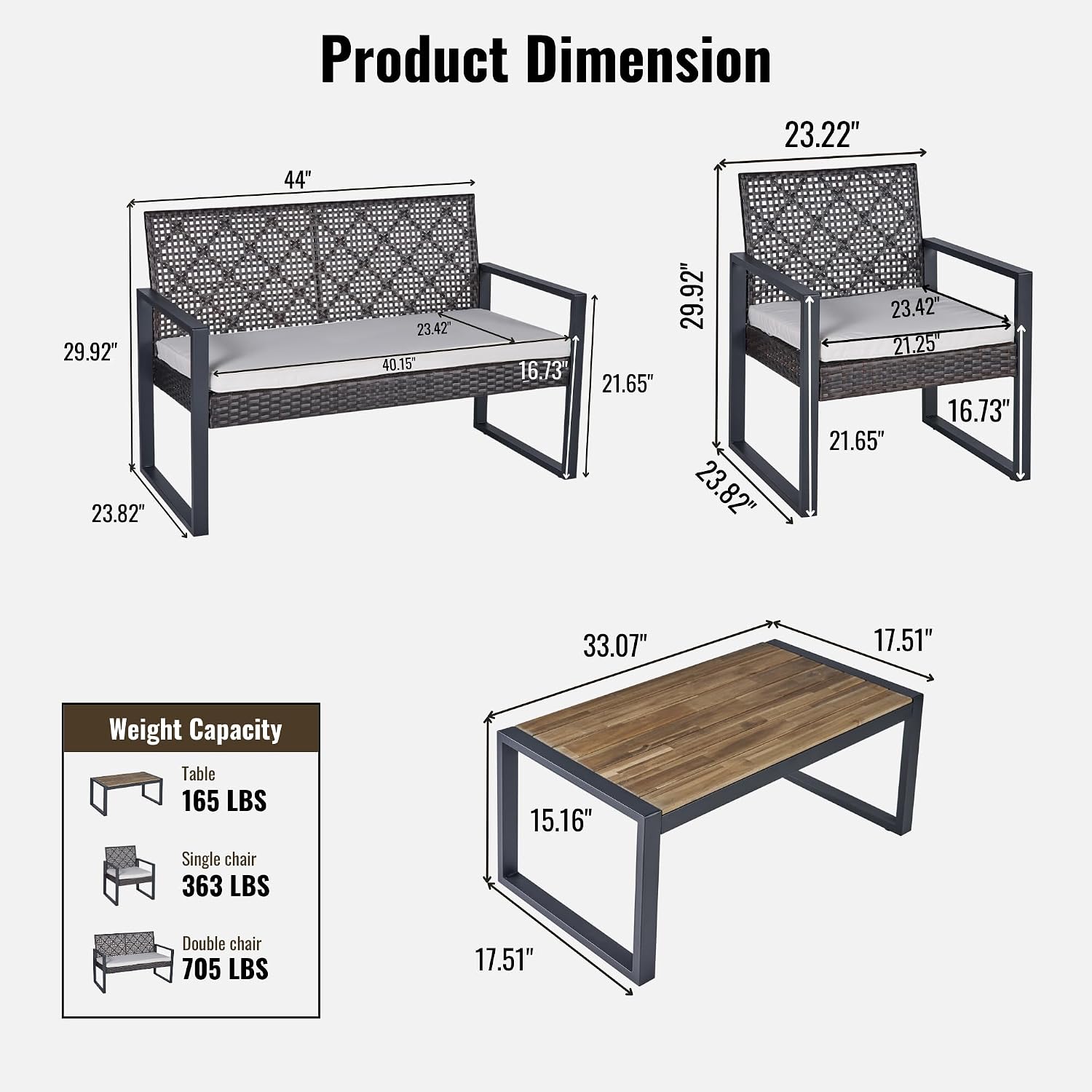 Merax 4 Pcs Patio Furniture Set, Outdoor Acacia Wood Table with 3 Chairs, All-Weather Garden Balcony Backyard Lawn Conversation Set (Brown and Beige)