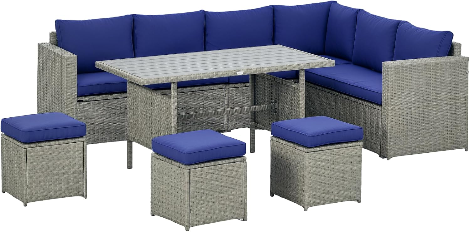 Outsunny Wicker Outdoor Patio Furniture Set, L-Shaped 7 Piece Outdoor Dining Sectional Sofa with Dining Table and Chair, Storage Loveseat, Ottomans and Cushions, Dark Blue