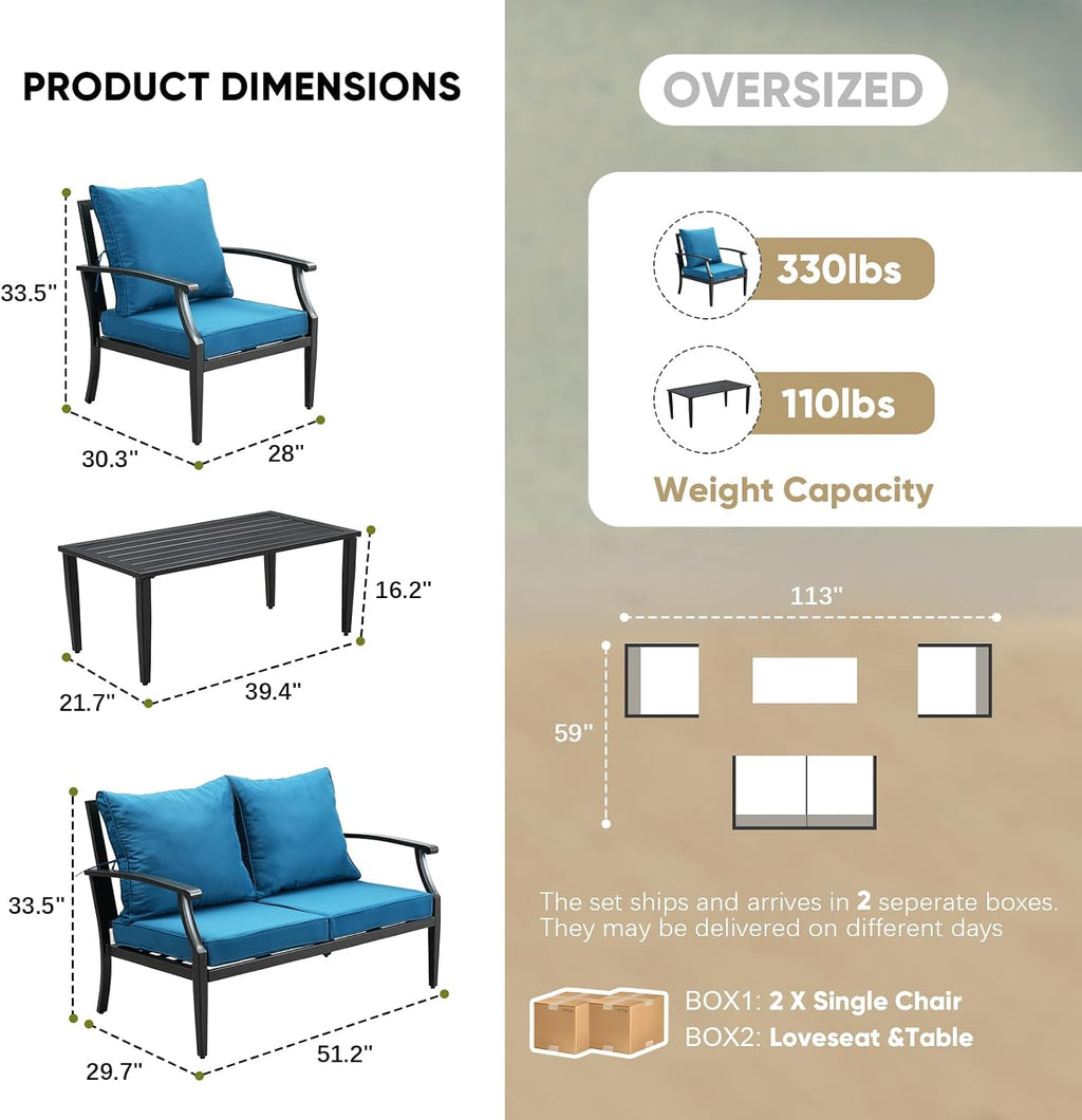 JOYURE 4 Pieces Patio Furniture Set w/loveseat,Coffe Table,Outdoor Conversation Metal Sofa with High Back and Thick Cushion,for Backyard,Garden,Peacock Blue