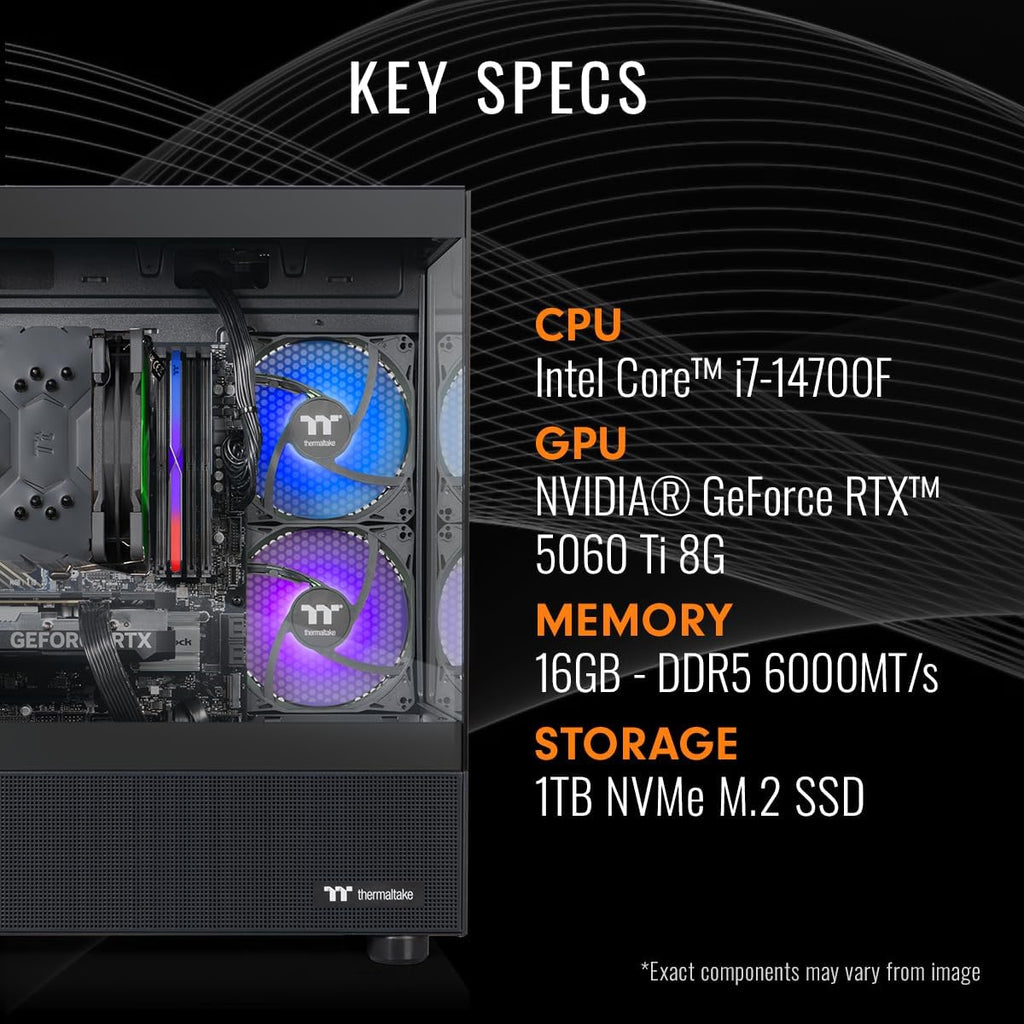 Thermaltake LCGS View i560T-170 Gaming Desktop (Intel Core™ i7-14700F, ToughRam 16GB DDR5 6000MT/s RGB Memory, NVIDIA® GeForce RTX™ 5060 Ti 8G, 1TB NVMe M.2, WiFi, Windows 11) V17B-B76B-56T-LCS