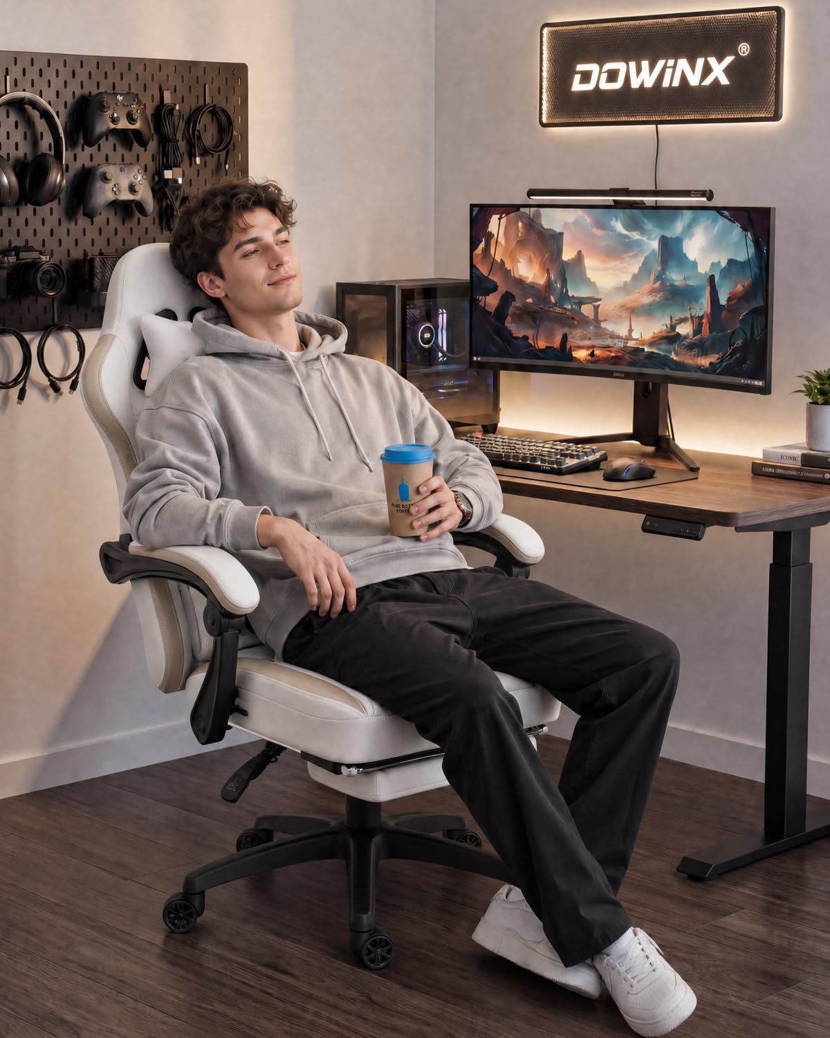 Dowinx Gaming Chair Breathable Fabric Computer Chair with Pocket Spring Cushion, Comfortable Office Chair with Gel Pad and Storage Bag,Massage Game Chair with Footrest,Beige