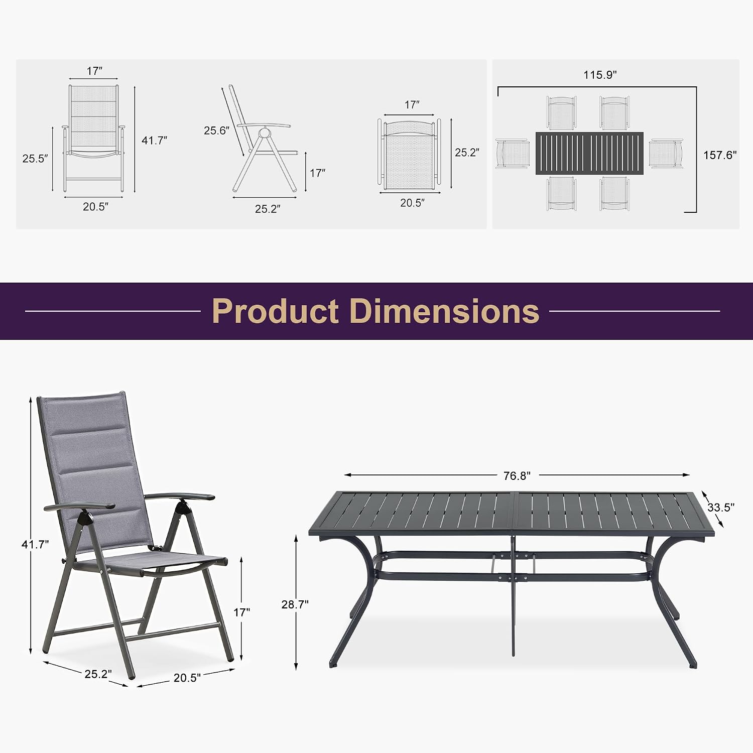 PURPLE LEAF Outdoor Dining Set for 6 Folding Patio Dining Set with Aluminum Rectangular Table and Padded Chairs All Weather Dining Table Sets for Garden Backyard Poolside, Grey