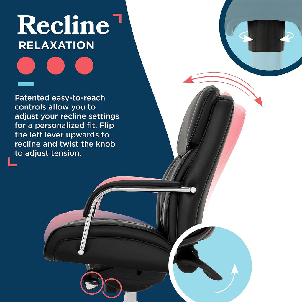 La-Z-Boy Symphony Executive Mid-Back Office Chair, Diamond Quilt Seat and Back, Pocket Coil Cushion, Padded Armrests, Ergonomic Computer DeskChair, Swivel Metal Base, Bonded Leather, Black/Chrome
