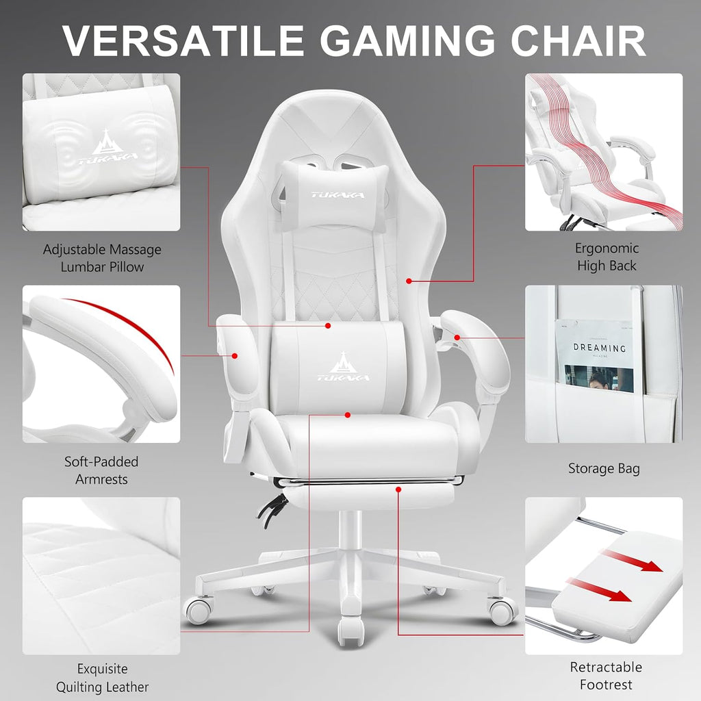 White Gaming Chair,Ergonomic Massage Computer Office Desk Chair with Footrest,Pocket Spring Cushion,Reclining Leather Adjustable Gamer Chair with Headrest and Lumbar Support,White