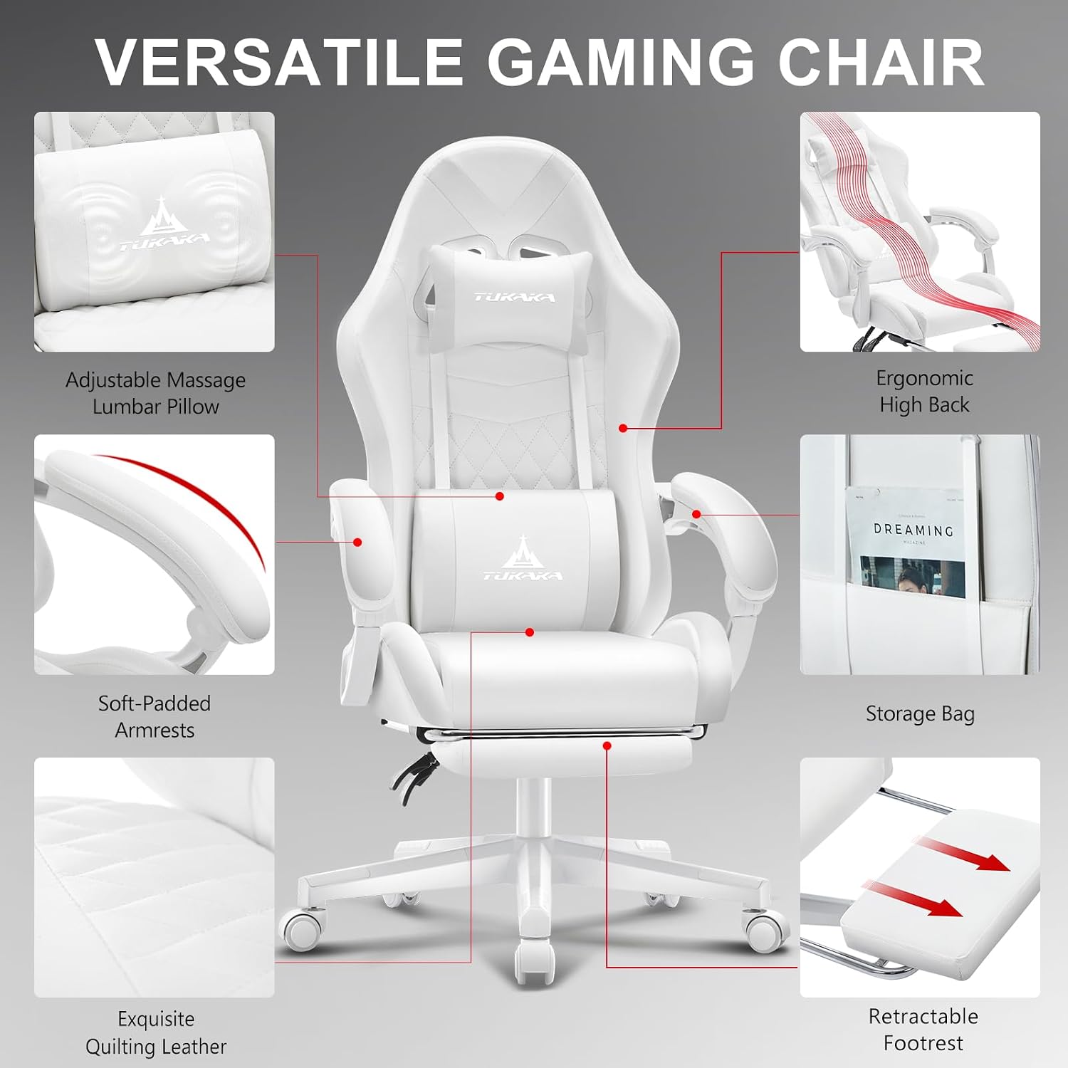 White Gaming Chair,Ergonomic Massage Computer Office Desk Chair with Footrest,Pocket Spring Cushion,Reclining Leather Adjustable Gamer Chair with Headrest and Lumbar Support,White