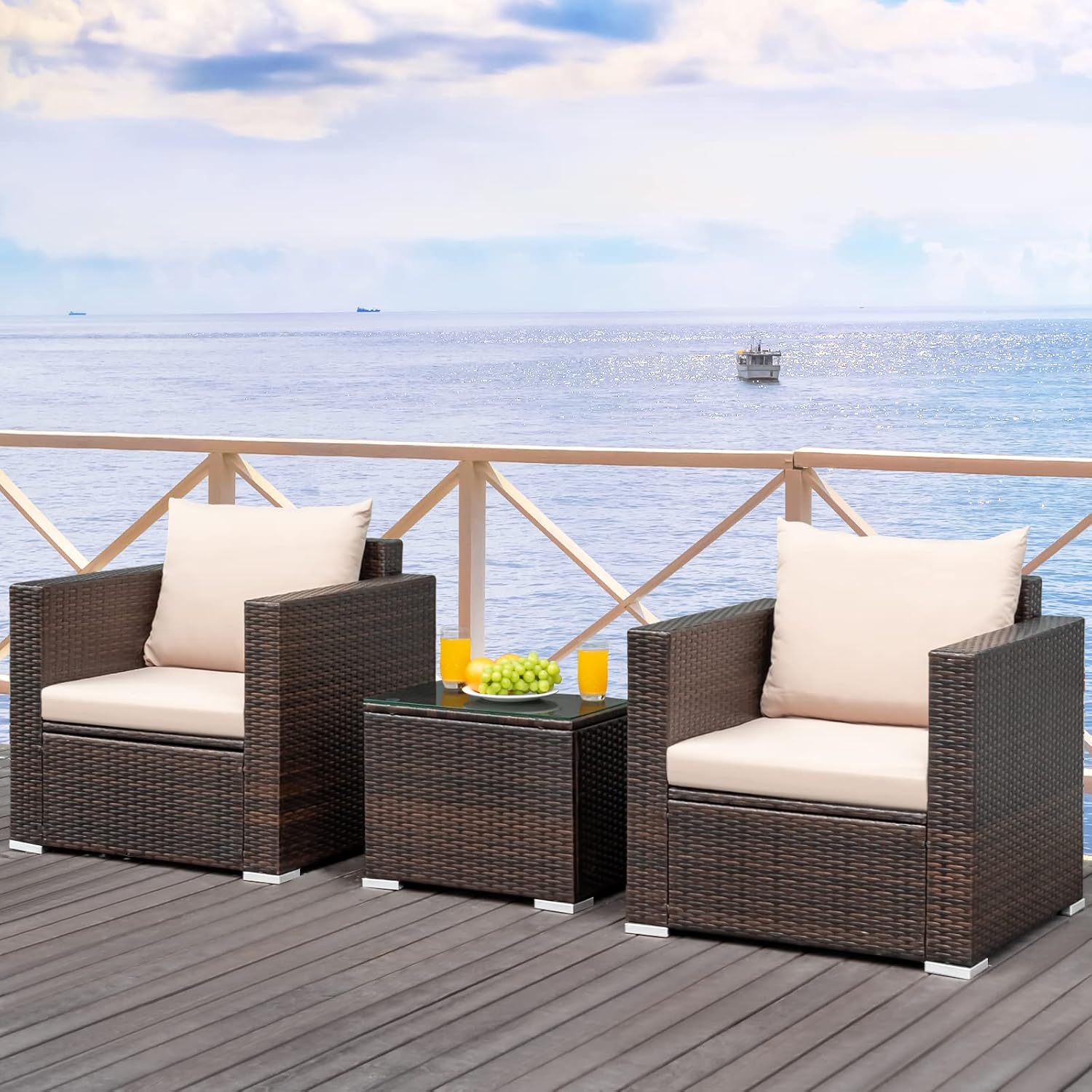 COSTWAY 3-Piece Patio Furniture Set, Outdoor Wicker Rattan Sofa with Cushions and Coffee Table with Tempered Glass, Modern Conversation Chair Set for Poolside Backyard Balcony Lawn (Beige)
