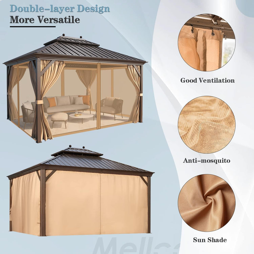 MELLCOM 12' x 14' Hardtop Gazebo, Brown Permanent Pavilion Gazebos with Curtains and Netting, Galvanized Steel Metal Double Roof with Aluminum Frame for Patios, Gardens, Lawns