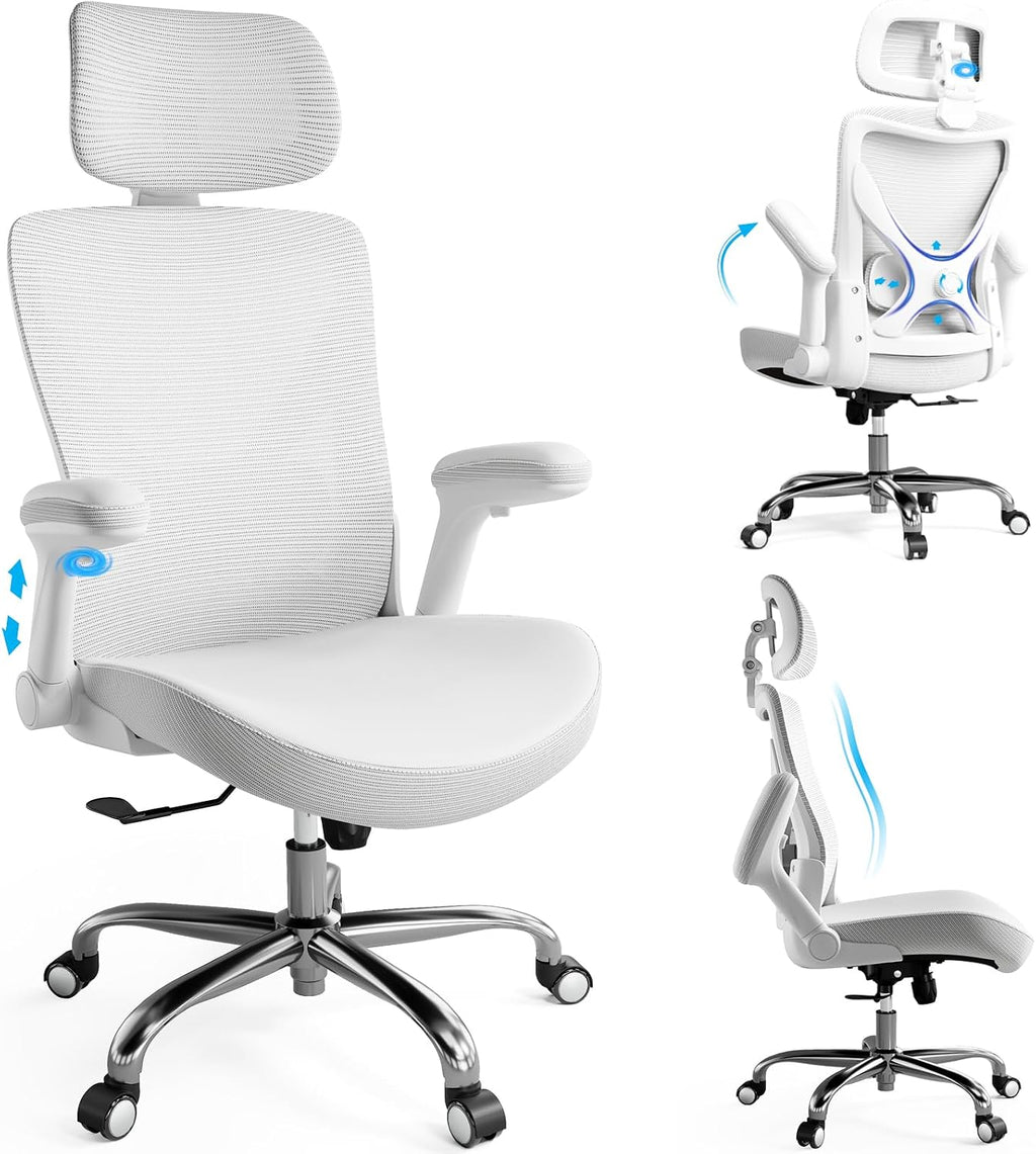 Ergalithic Office Home Ergonomic Desk Chair-Computer X-Shaped Chair Mesh PU Leather with Adjustable Lumbar Support-Executive Chair High Back with Headrest Flip-Up Arms for Long Hours (White)