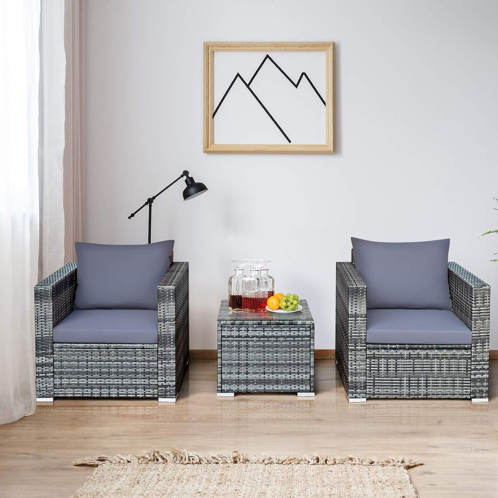 COSTWAY 3-Piece Patio Furniture Set, Outdoor Wicker Rattan Sofa with Cushions and Coffee Table, Conversation Chair Set for Poolside Backyard Balcony Lawn (Grey)