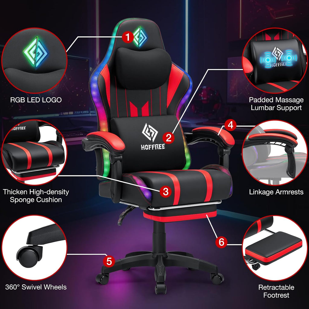 HOFFREE Gaming Chair with Music Rhythm RGB LED Lights and Bluetooth Speakers Ergonomic Massage Computer Gaming Chair with Footrest Video Game Chair High Back with Lumbar Support Red and Black