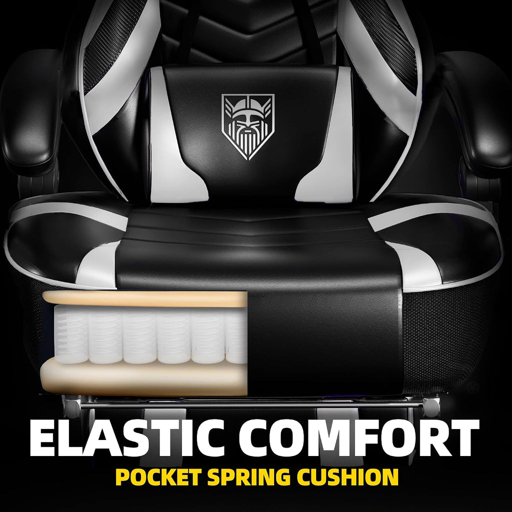 Vonesse Gaming Chair, Big and Tall Gaming Chair with Footrest and Massage, Gaming Chairs for Adults with Lumbar Support, Ergonomic High Back Computer Chair with Pocket Spring Cushion (White/Black)