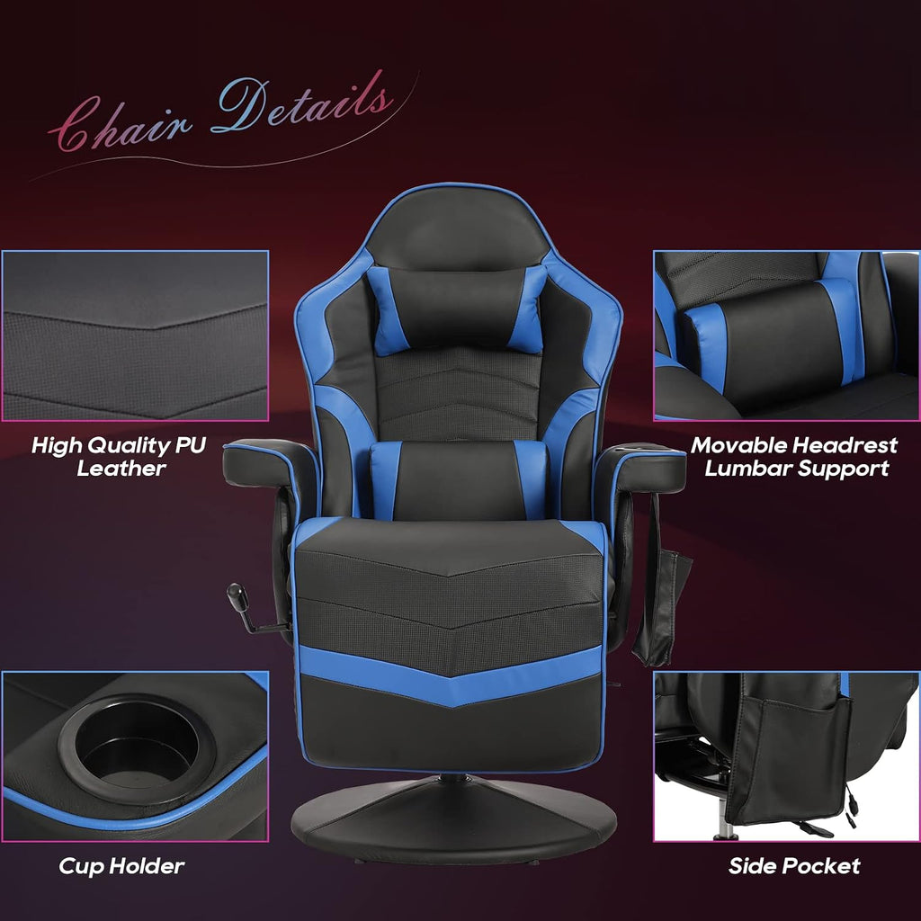 Gaming Chair, Reclining Gaming Chair with Footrest, PU Leather Game Chair Recliner with Massage, Swivel Recliner Gaming Chairs for Adults with Cup Holder, Lumbar Support, Side Pouch (Blue)