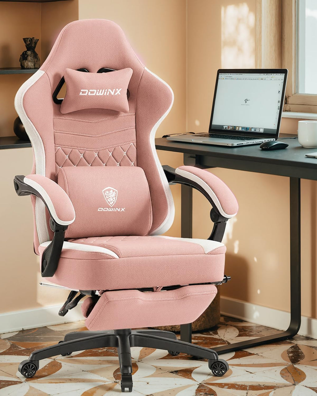 Dowinx Gaming Chair Breathable Fabric Game Chair with Gel Pad and Storage Bag, Comfortable Gamer Chair with Pocket Spring Cushion, Ergonomic Computer Chair with Footrest, Pink and White