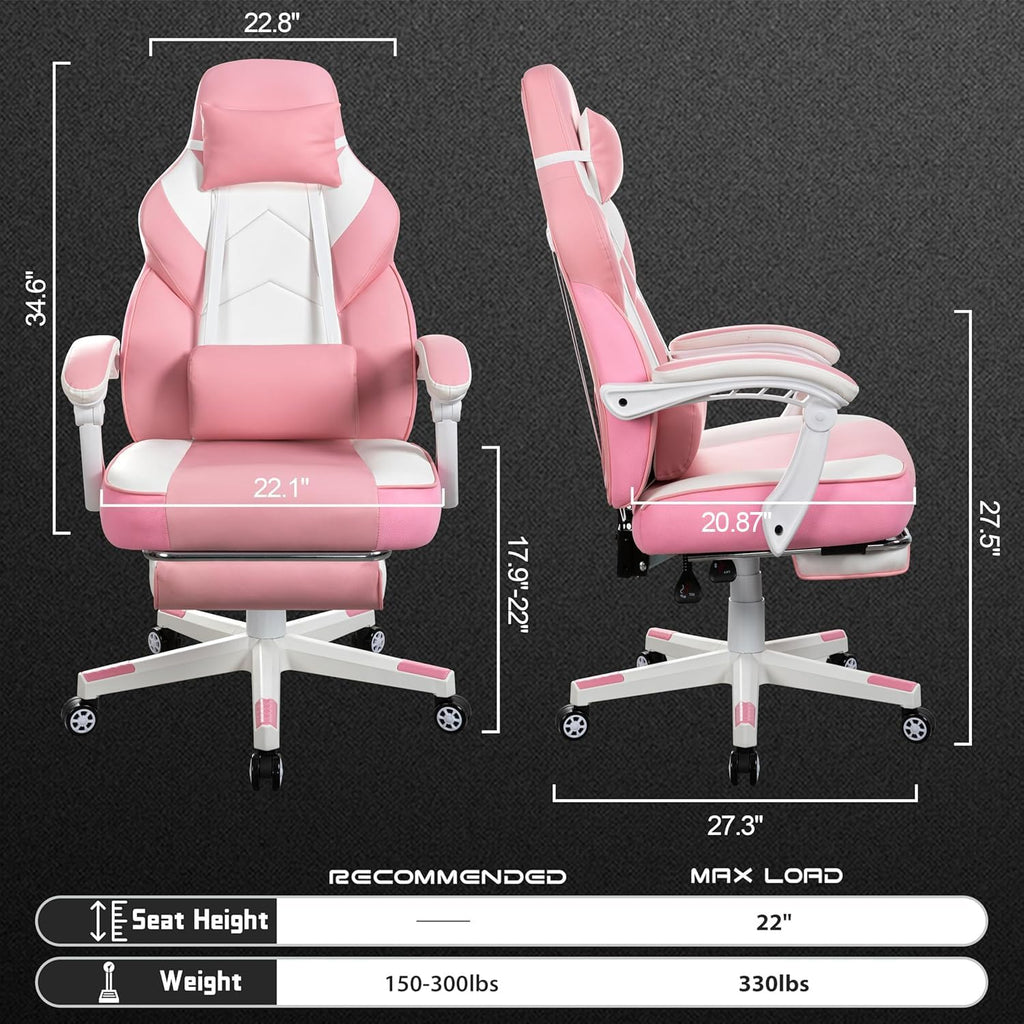 Big and Tall Gaming Chair for Adults, 330lbs Heavy Duty Computer Chair with Footrest & Massage Lumbar Support, Wide Seat High Back Reclining Desk Chair, Pink