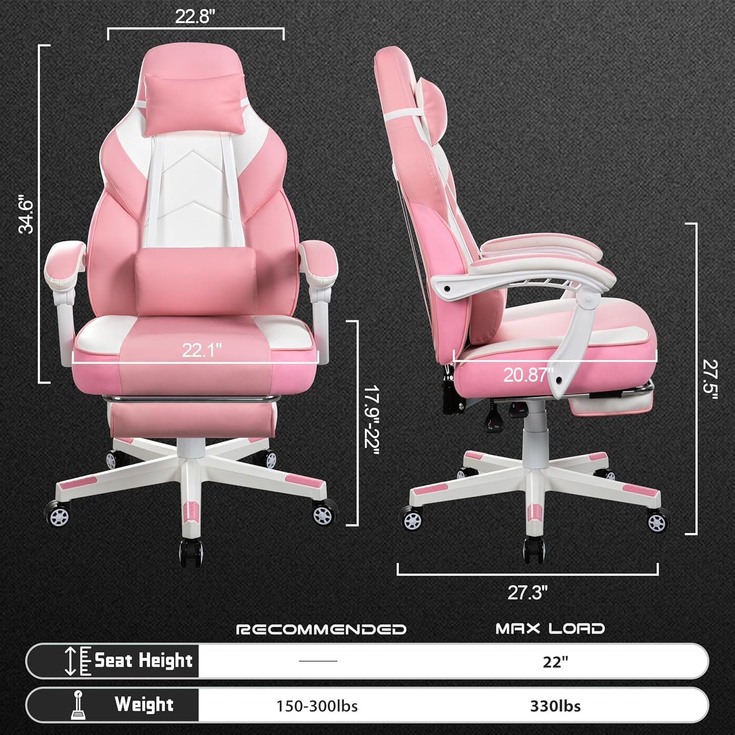 Big and Tall Gaming Chair for Adults, 330lbs Heavy Duty Computer Chair with Footrest & Massage Lumbar Support, Wide Seat High Back Reclining Desk Chair, Pink