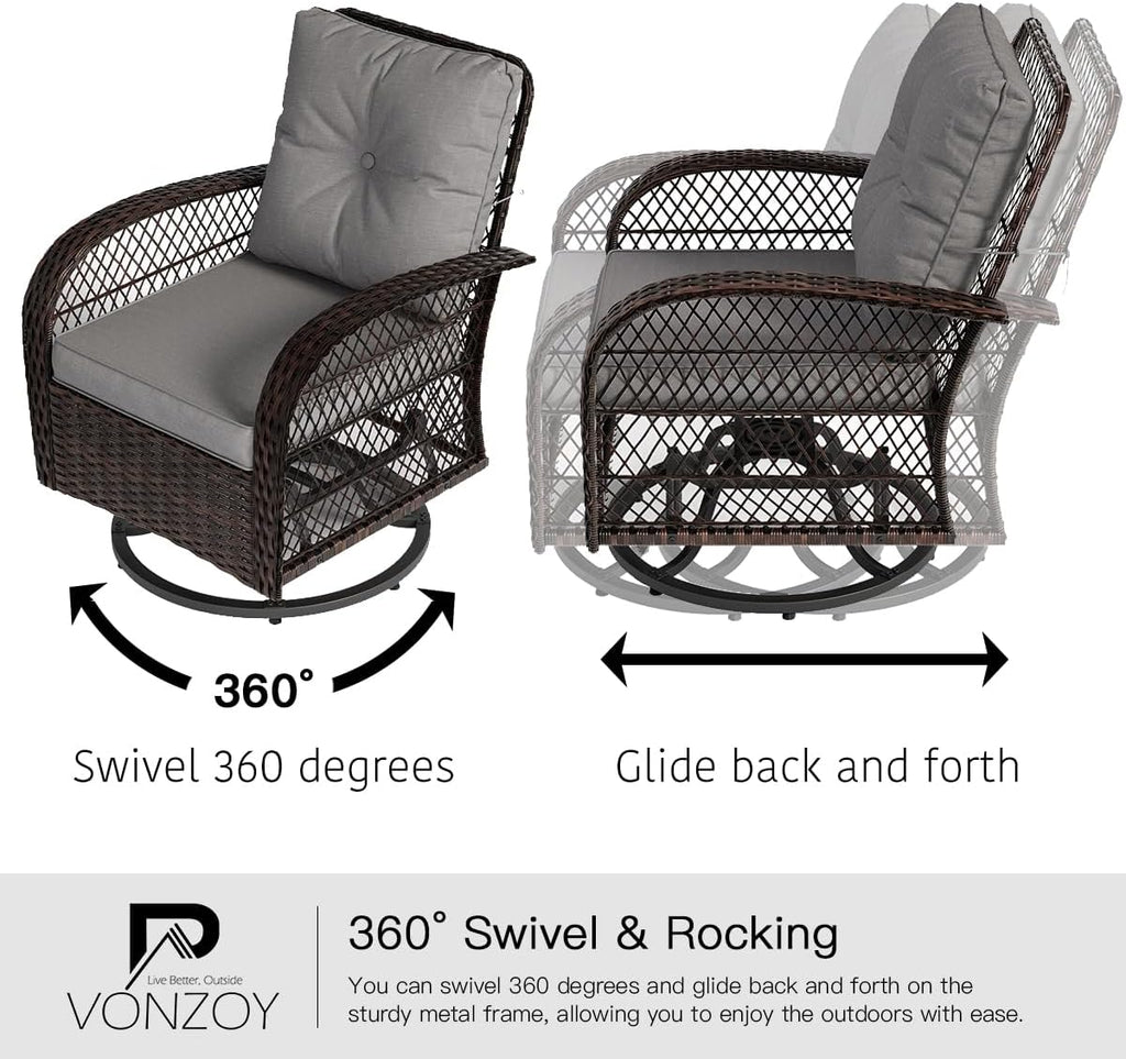 3 Pieces Patio Furniture Set, Outdoor Swivel Glider Rocker, Wicker Patio Bistro Set with Rocking Chair, Thickened Cushions and Table for Porch (Grey)