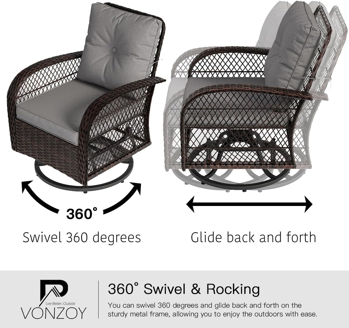 3 Pieces Patio Furniture Set, Outdoor Swivel Glider Rocker, Wicker Patio Bistro Set with Rocking Chair, Thickened Cushions and Table for Porch (Grey)