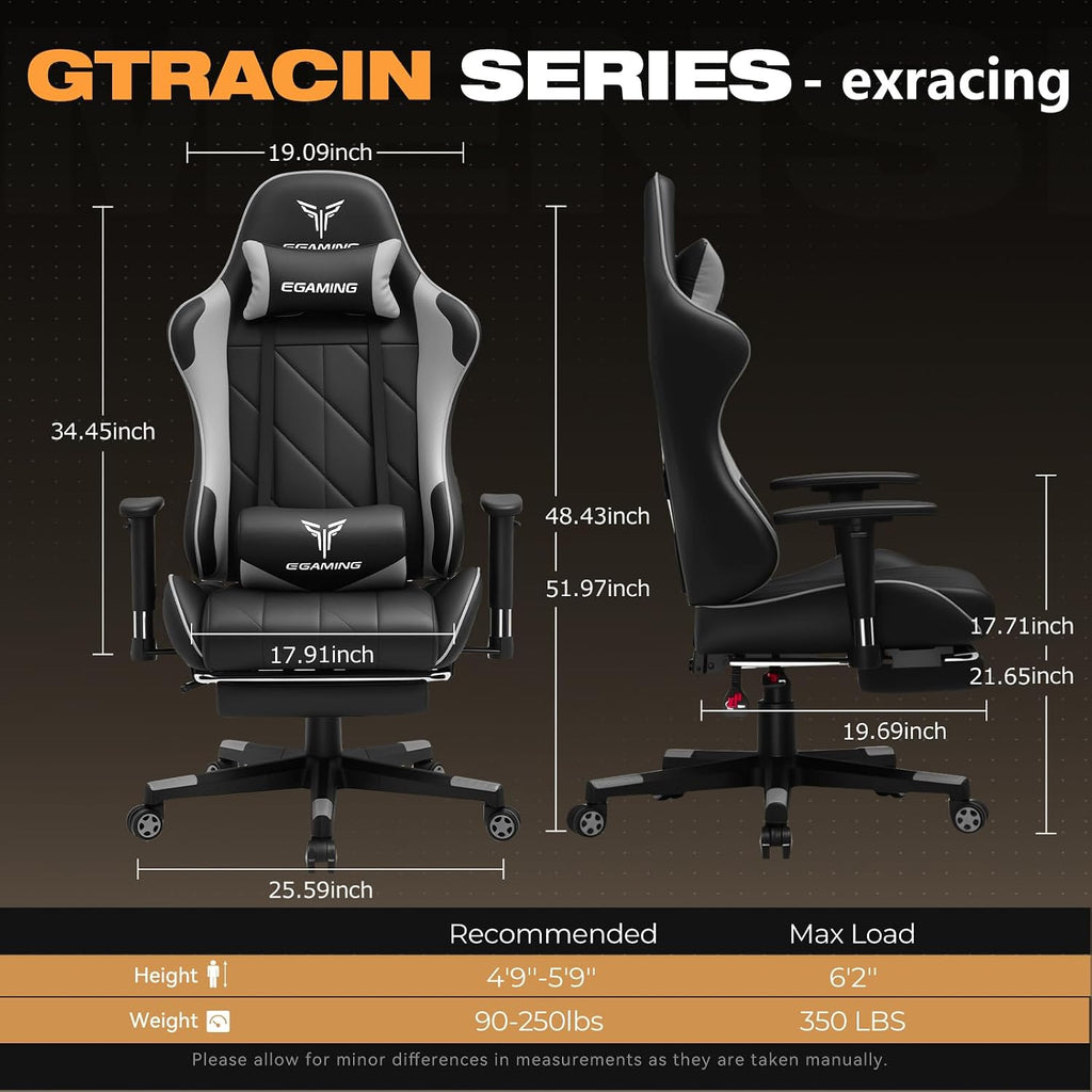 Gaming Chair with Footrest, Ergonomic High-Back PU Leather Computer Chair with 3D Adjustable Armrests, Headrest and Lumbar Support, Office Desk Chair with Diamond Stitching for Adults & Teen