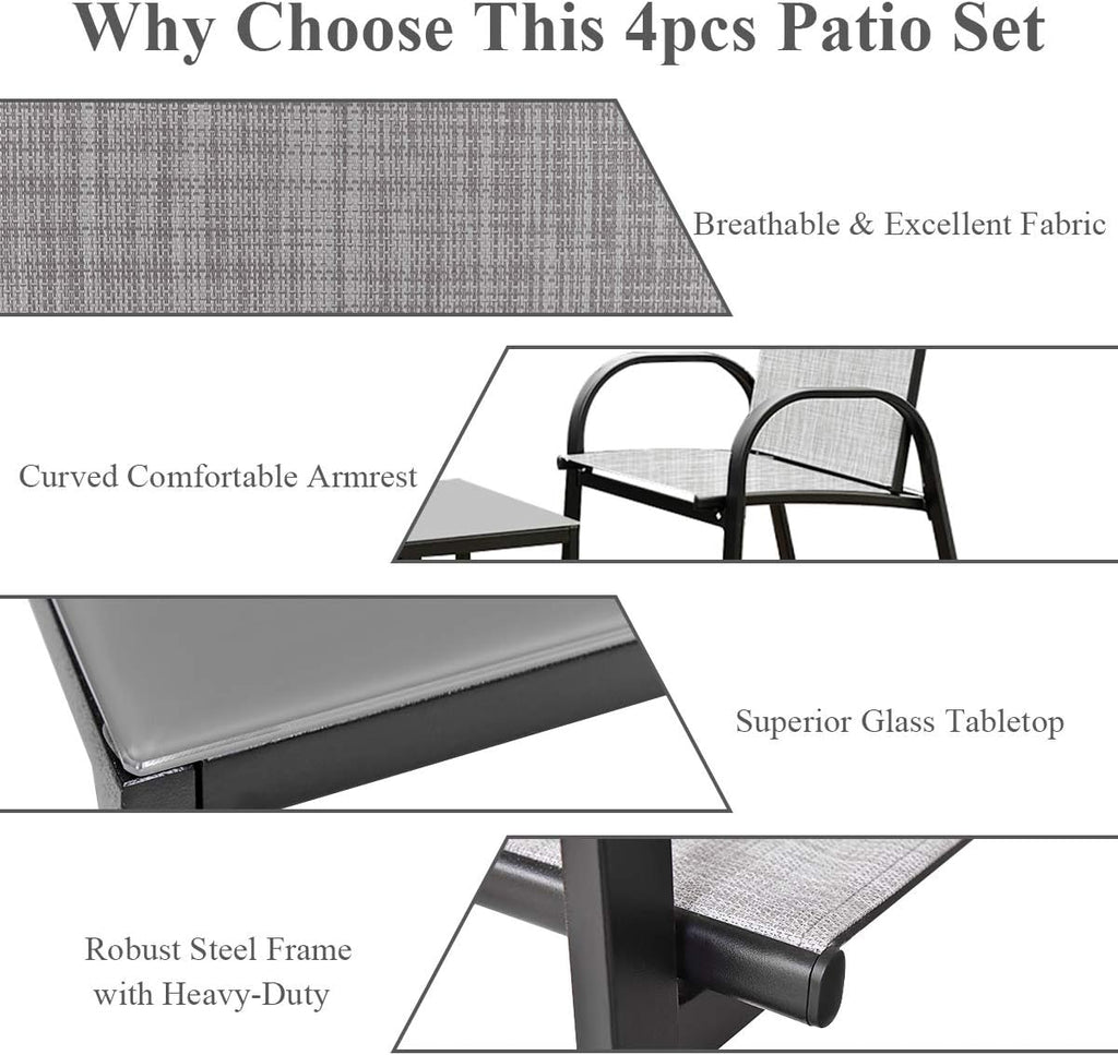 Tangkula 4 Pieces Patio Furniture Set, Metal Frame Heavy Duty Outdoor Conversation Set, Includes Glass Top Coffee Table, 2 Armrest Chairs and Loveseat, Suitable for Lawn Garden Porch Balcony (Gray)