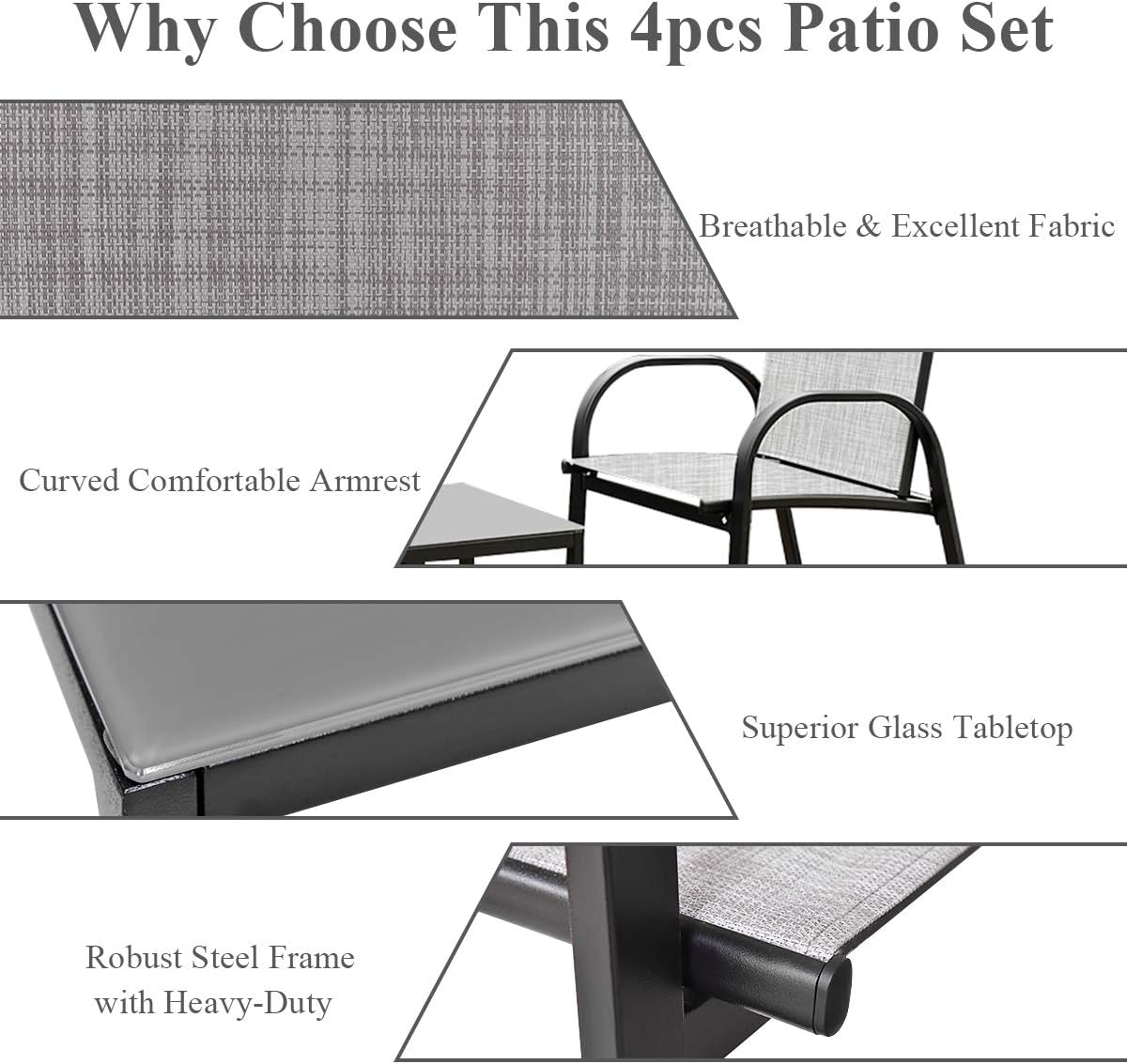 Tangkula 4 Pieces Patio Furniture Set, Metal Frame Heavy Duty Outdoor Conversation Set, Includes Glass Top Coffee Table, 2 Armrest Chairs and Loveseat, Suitable for Lawn Garden Porch Balcony (Gray)