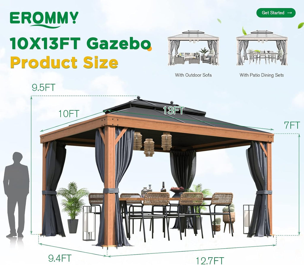 EROMMY 10'x13' Hardtop Gazebo Outdoor Aluminum Wood Grain Gazebos with Galvanized Steel Roof and Mosquito Net for Patios, Deck, Backyard, Curtains & Netting