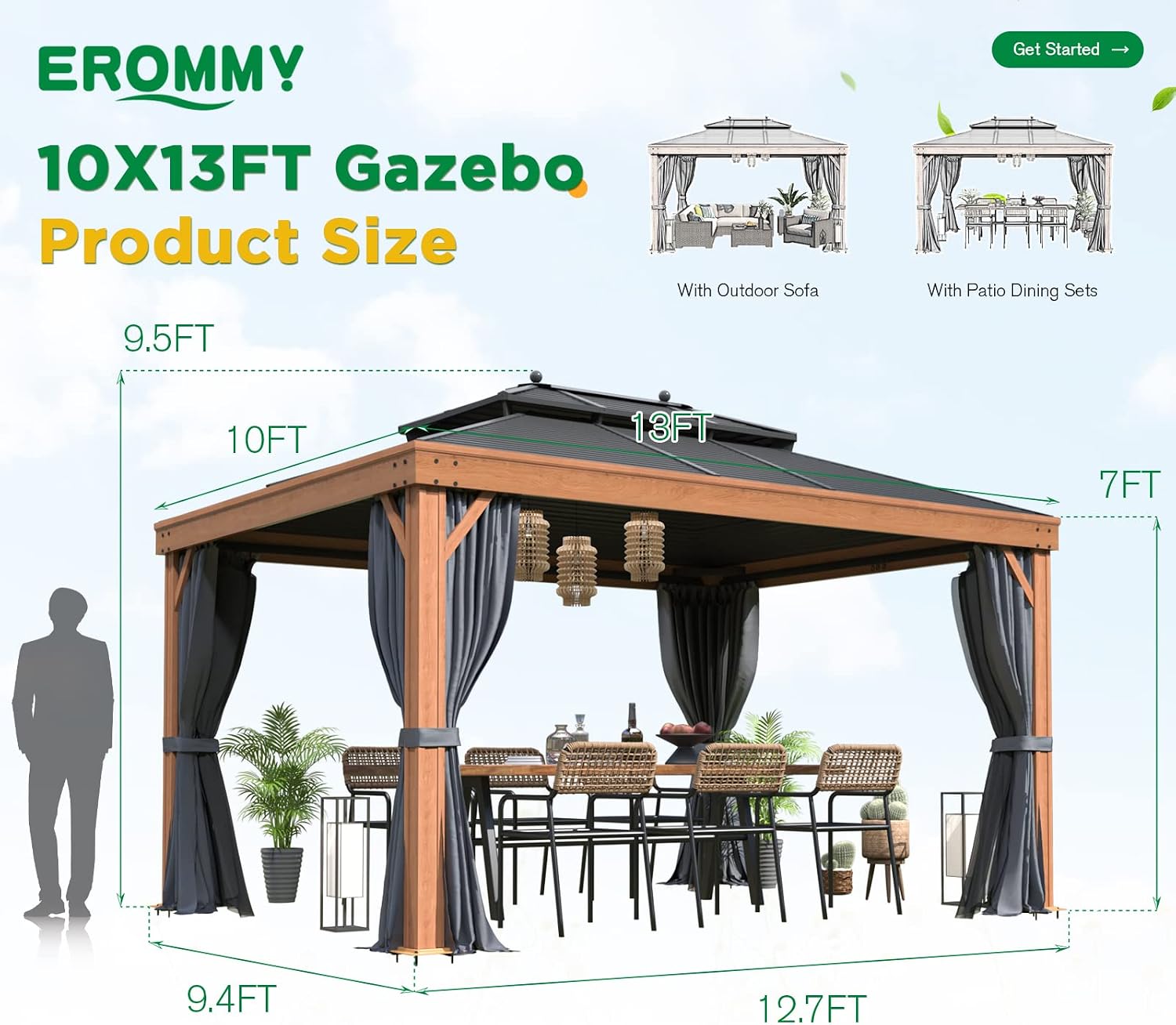 EROMMY 10'x13' Hardtop Gazebo Outdoor Aluminum Wood Grain Gazebos with Galvanized Steel Roof and Mosquito Net for Patios, Deck, Backyard, Curtains & Netting