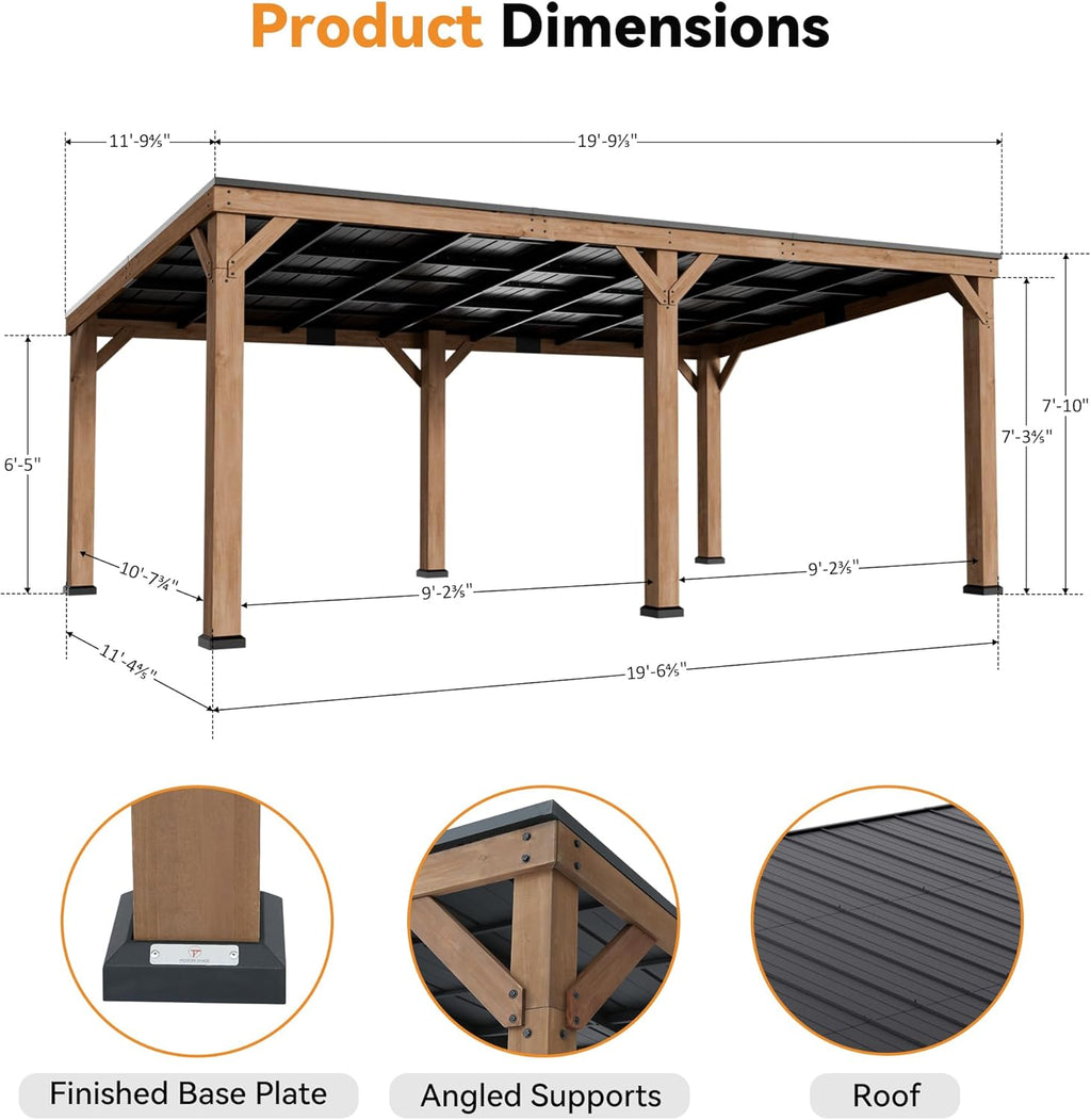 Modern Shade Supreme Cedar Wood Gazebo 12' x 20' with Hardtop Slope Roof, Wooden Carport with Durable and Rot-Resistant, Hardtop Gazebo with Supports Snow Loads and High Wind Speeds for Backyard