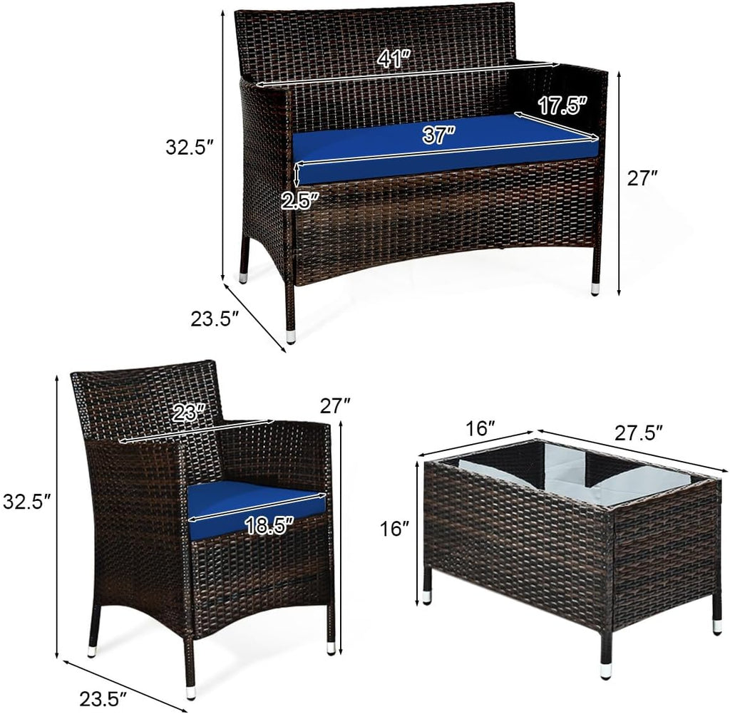 HAPPYGRILL 4 Pieces Patio Sofa Set Rattan Wicker Furniture Patio Conversation Set with Cushioned Sofa and Coffee Table for Outdoor Backyard Garden Poolside