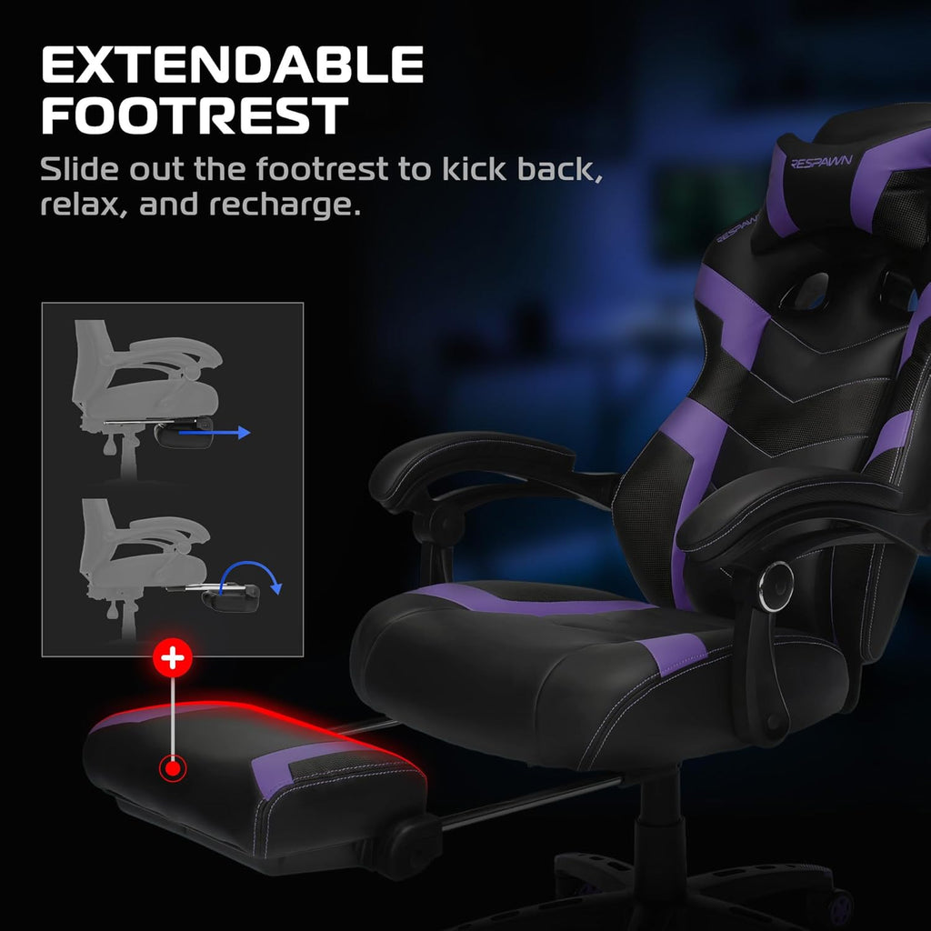 Respawn 110 Pro Ergonomic Gaming Chair with Footrest for Adults - Comfortable Office Gaming Recliner with Lumbar Support and Headrest, Racing Style Video Game Chairs for Computer Gamer - Purple