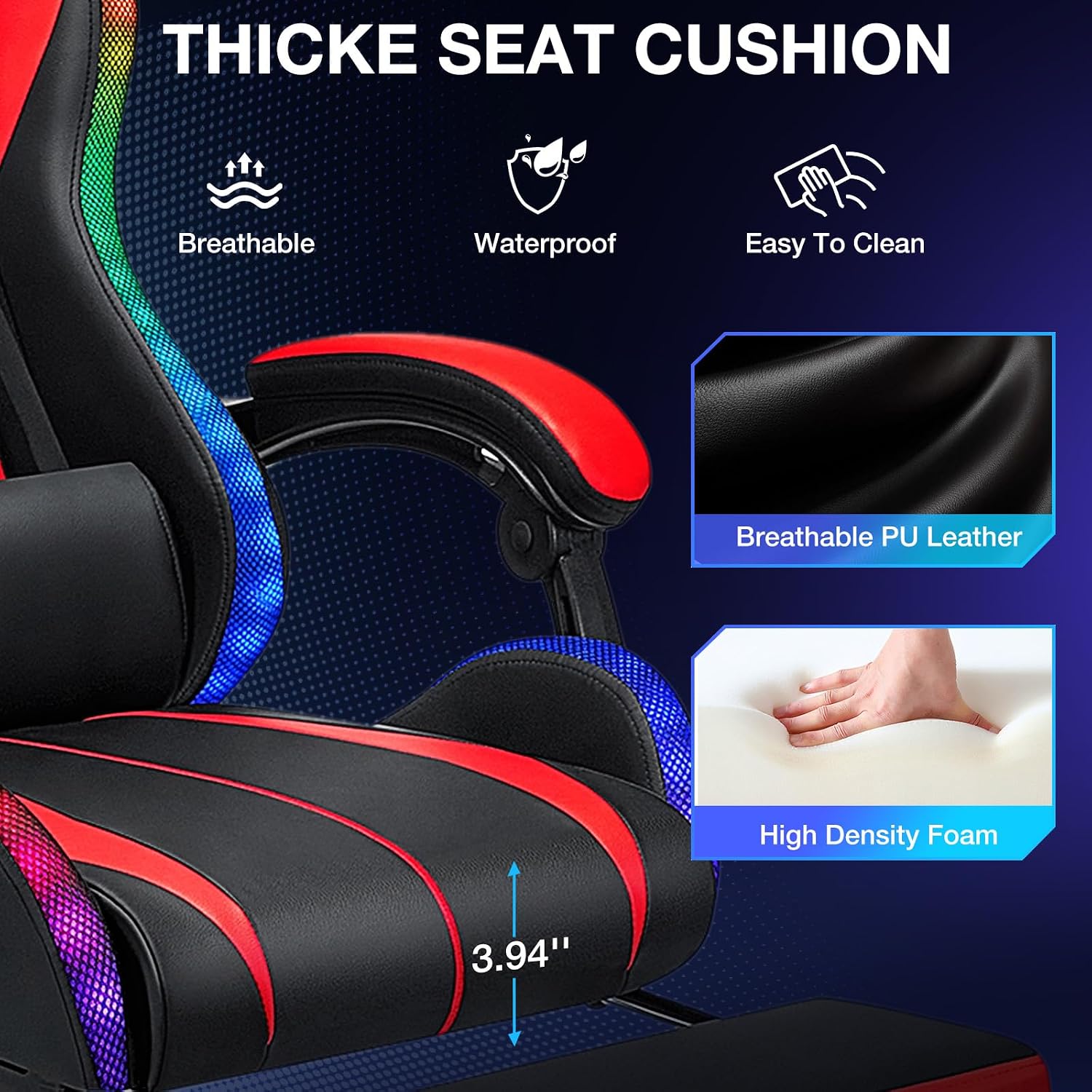 RGB Gaming Chair Massage with LED Lights and Footrest Ergonomic Computer Gaming Chair with High Back Video Game Chair with Adjustable Lumbar Support Red and Black