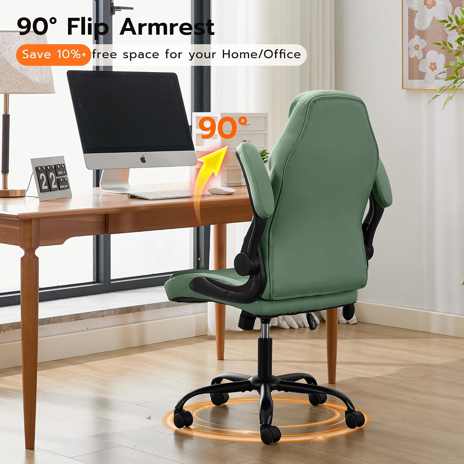 Ylzyxal Office Desk Chair, Ergonomic Computer Chair with Padded Flip-Up Arms and Adjustable Lumbar Support, PU Leather Executive Chair with Tilt Lock and 360° Swivel Rolling Wheels for Work, Study