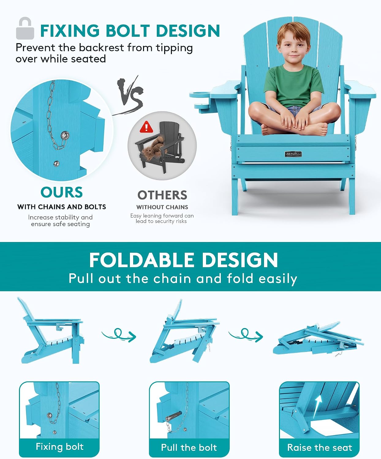 SERWALL Folding Adirondack Chair with Cup Holder Outdoor Adirondack Chairs Weather Resistant Patio Chair Fire Pit Chairs - Light Blue