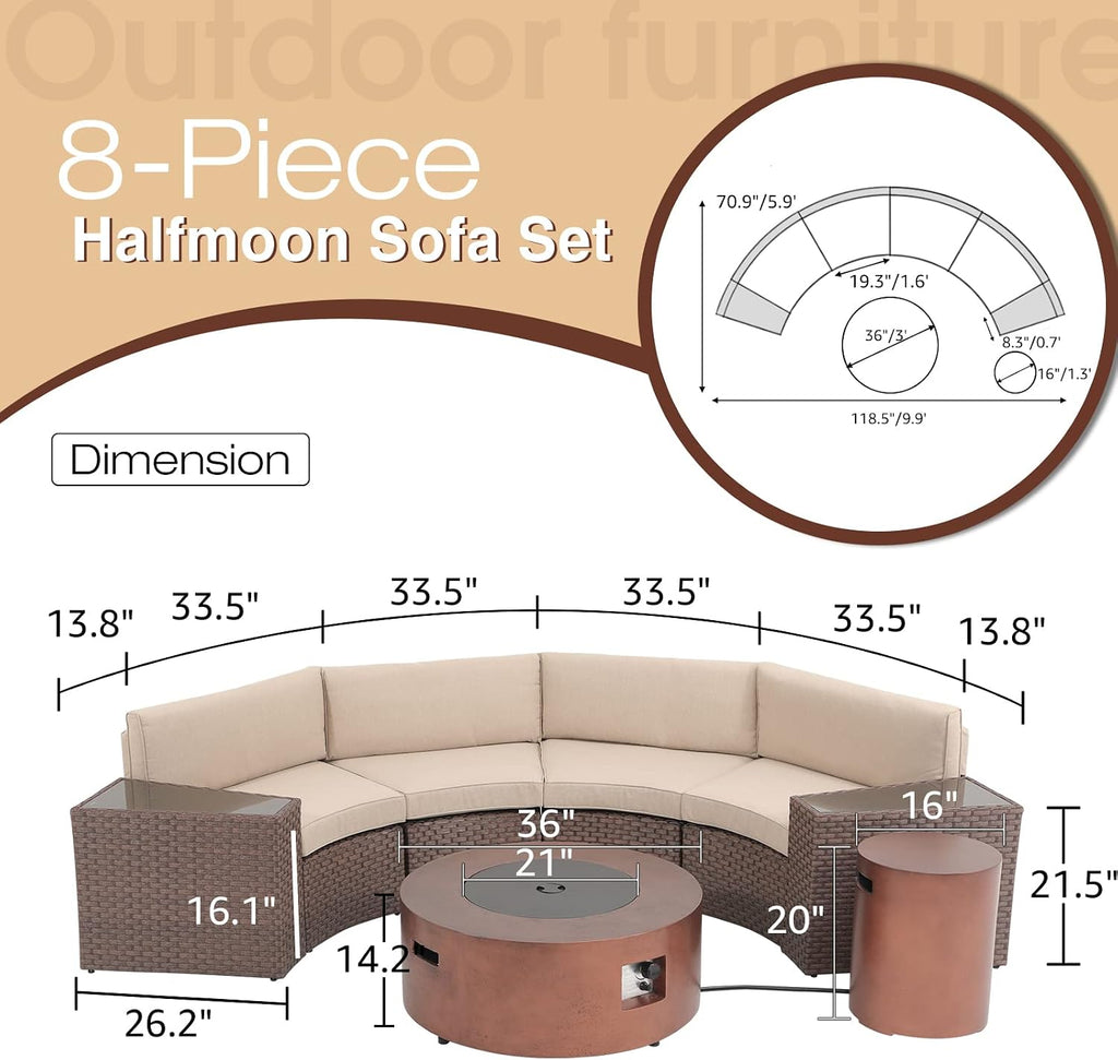 SUNSITT 8 Piece Patio Furniture Set with Propane Fire Pit Halfmoon Outdoor Round Sectional Sofa with 36' Bronze Gas Fire Table & Tank Holder, Brown Rattan