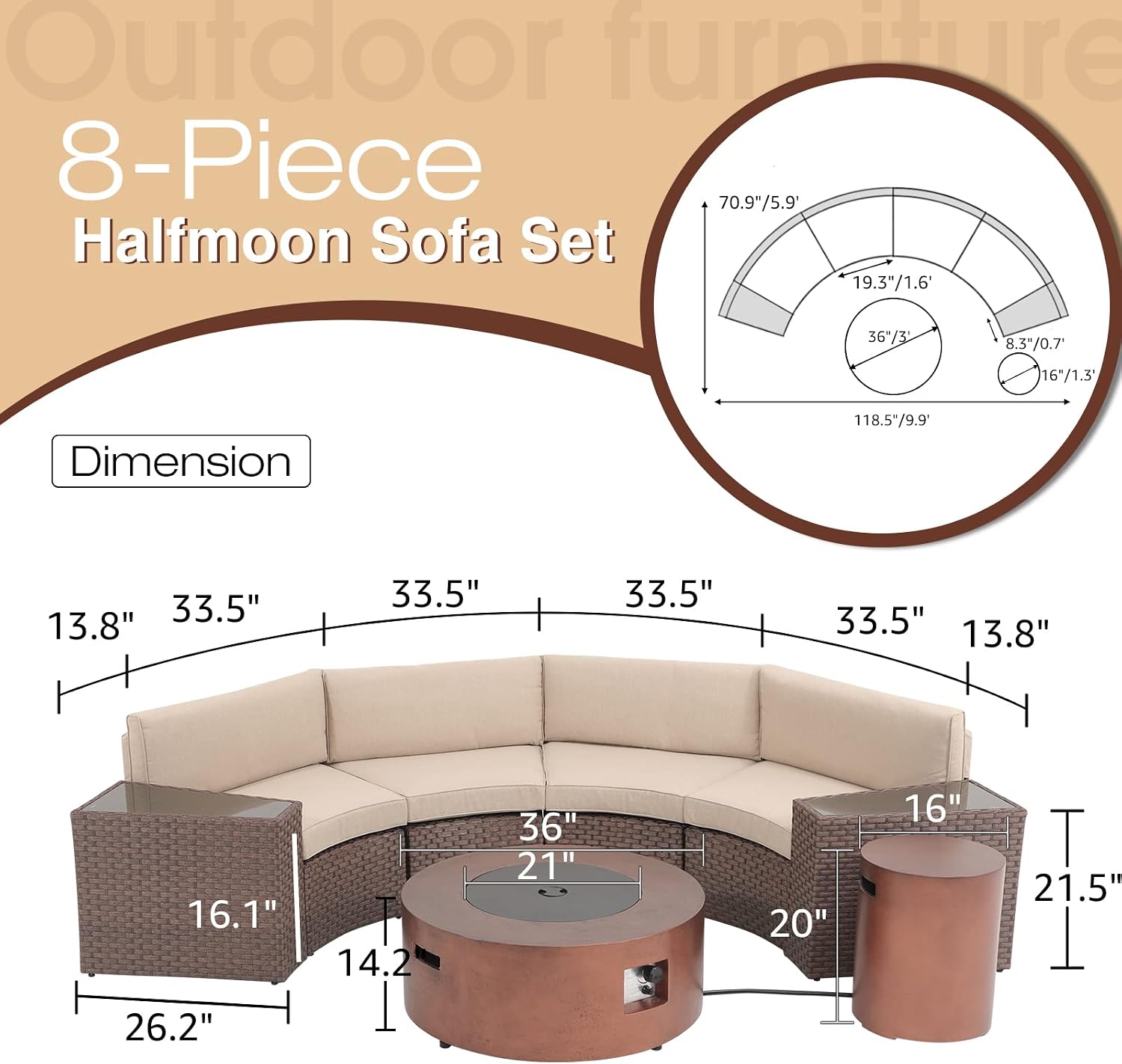 SUNSITT 8 Piece Patio Furniture Set with Propane Fire Pit Halfmoon Outdoor Round Sectional Sofa with 36' Bronze Gas Fire Table & Tank Holder, Brown Rattan