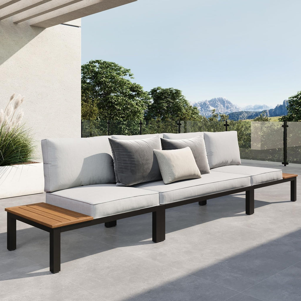 Sophia & William 3 Pieces Outdoor Patio Furniture Set, Metal Sectional Sofa Set Patio Conversation Set with Cushions-2 x Single Sofa with Side Table, 1 x Loveseat