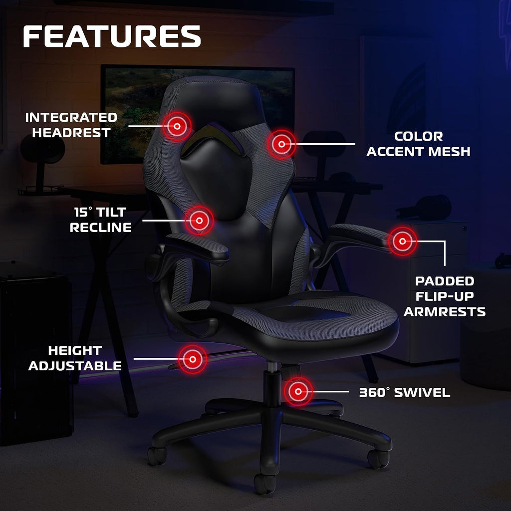 RESPAWN 3085 Ergonomic Gaming Chair for Adults, High Back Office Chair with Headrest and Flip Up Arms, Leather Racing Style Gaming Seat with Lumbar Support, Video Game Computer Desk Seat - Gray