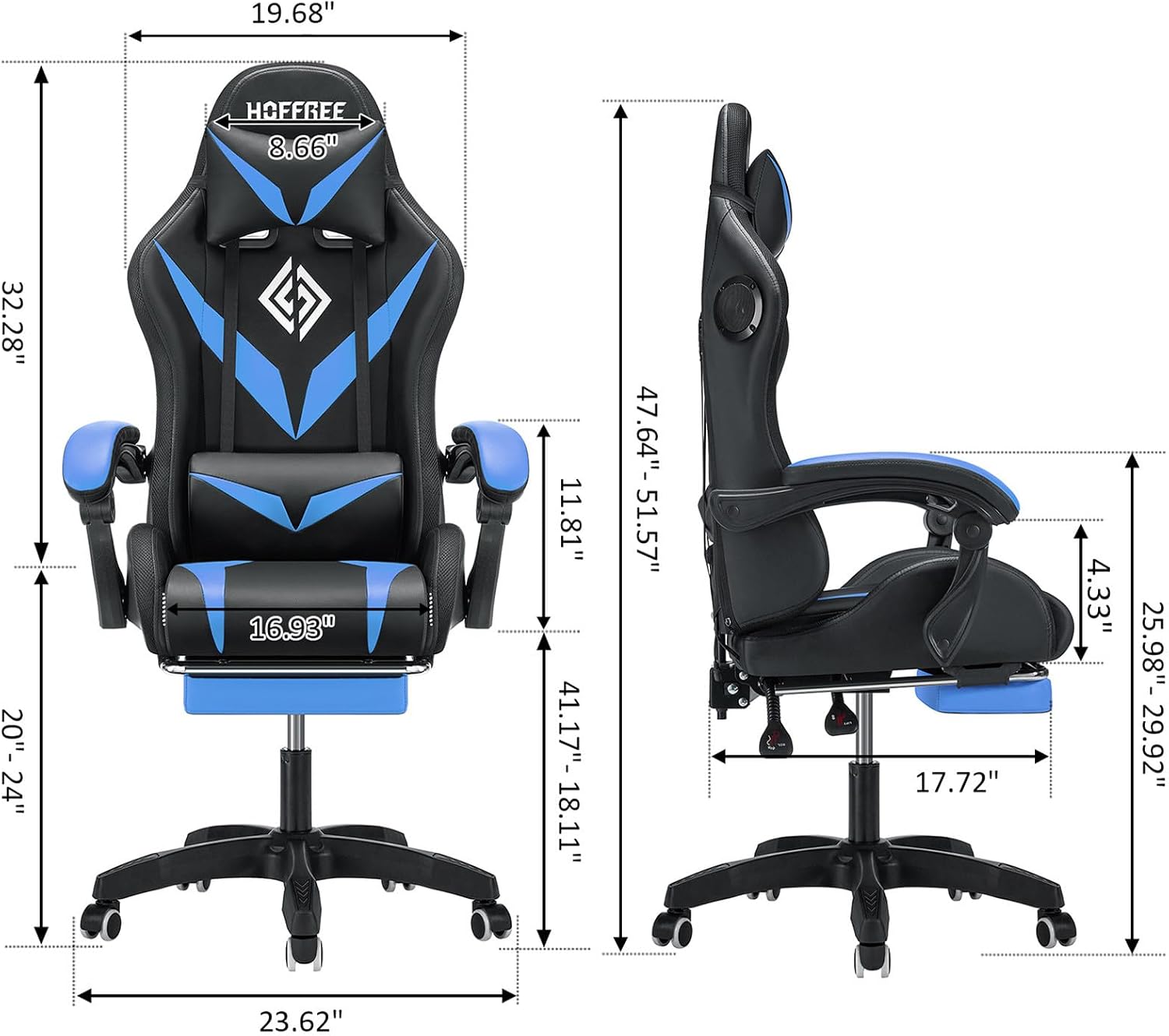 HOFFREE Gaming Chair Massage with Bluetooth Speakers and Led Lights Ergonomic Computer Gaming Chair with Footrest RGB Video Game Chair with High Back Lumbar Support Blue and Black