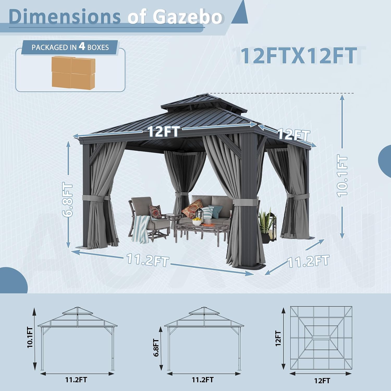 Aoxun 12' x 12' Permanent Hardtop Gazebo with Galvanized Steel Double Roof and Aluminum Frames Outdoor Large Pavilion Gazebo for Patio Deck Garden, Nettings and Curtains Included, Gray