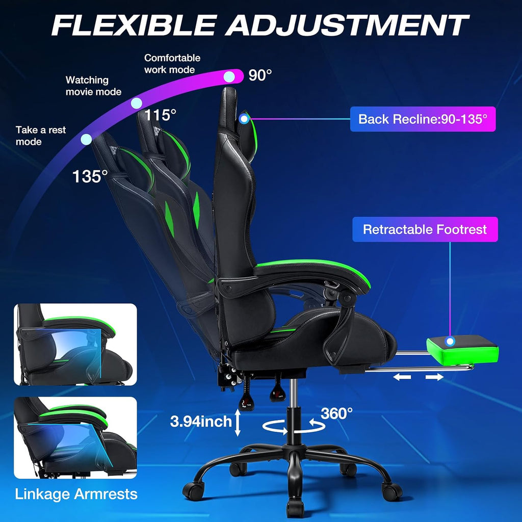 RGB Gaming Chair with LED Lights and Massage Ergonomic Computer Chair with Footrest High Back Video Game Chair with Adjustable Lumbar Support Linkage Armrest Green and Black