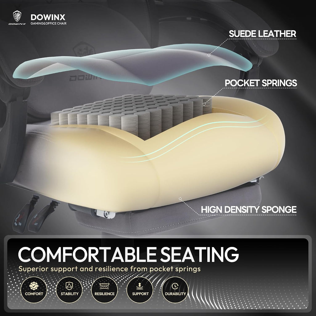 Dowinx Fabric Gaming Chair with Heated Massage Lumbar Support, Gaming Chairs for Adults, Big and Tall Gamer Chair with Pocket Spring Cushion and Footrest, Ergonomic Recliner Computer Chair, Grey