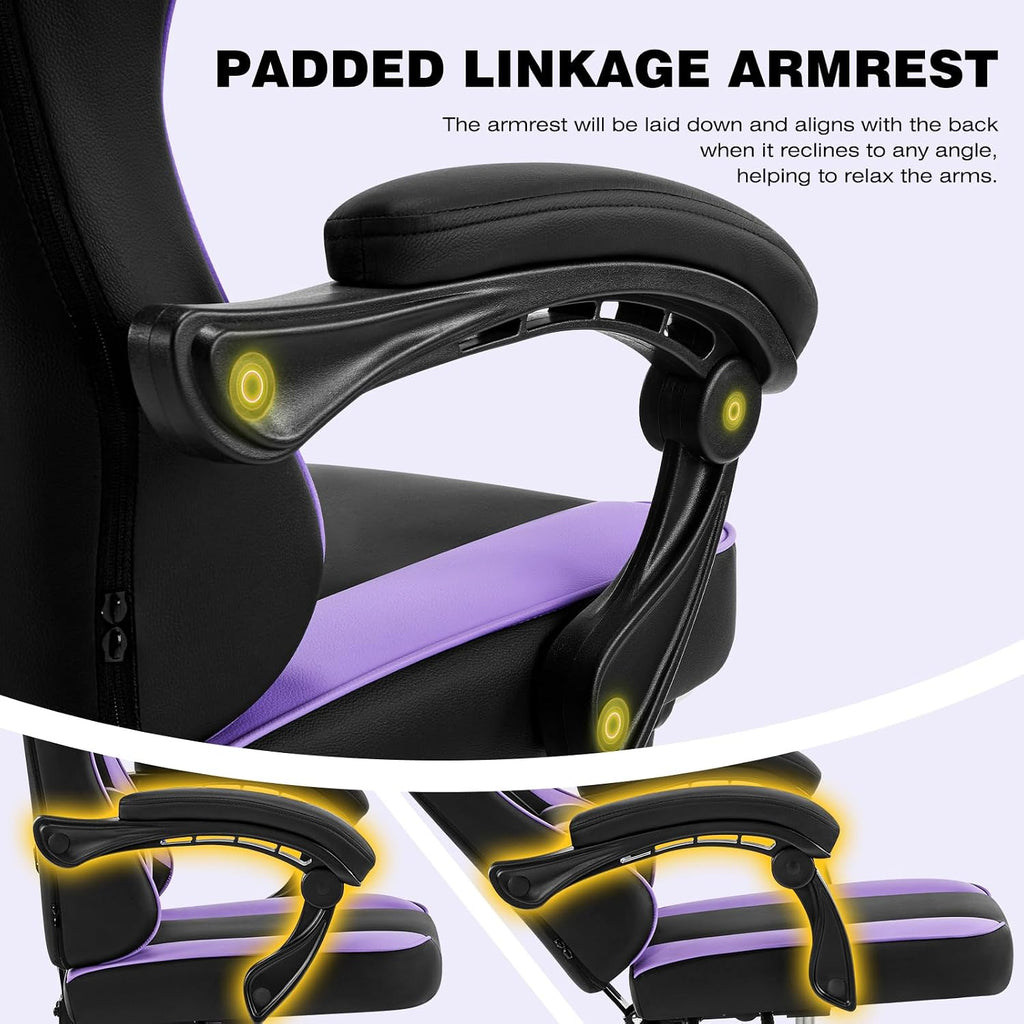 Gaming Chair, Purple Gaming Chairs for Adults Teens, High-Back Ergonomic Computer Chair with Extended Footrest, Removable Headrest & Lumbar Support, Wide PU Leather Reclining Desk Chair