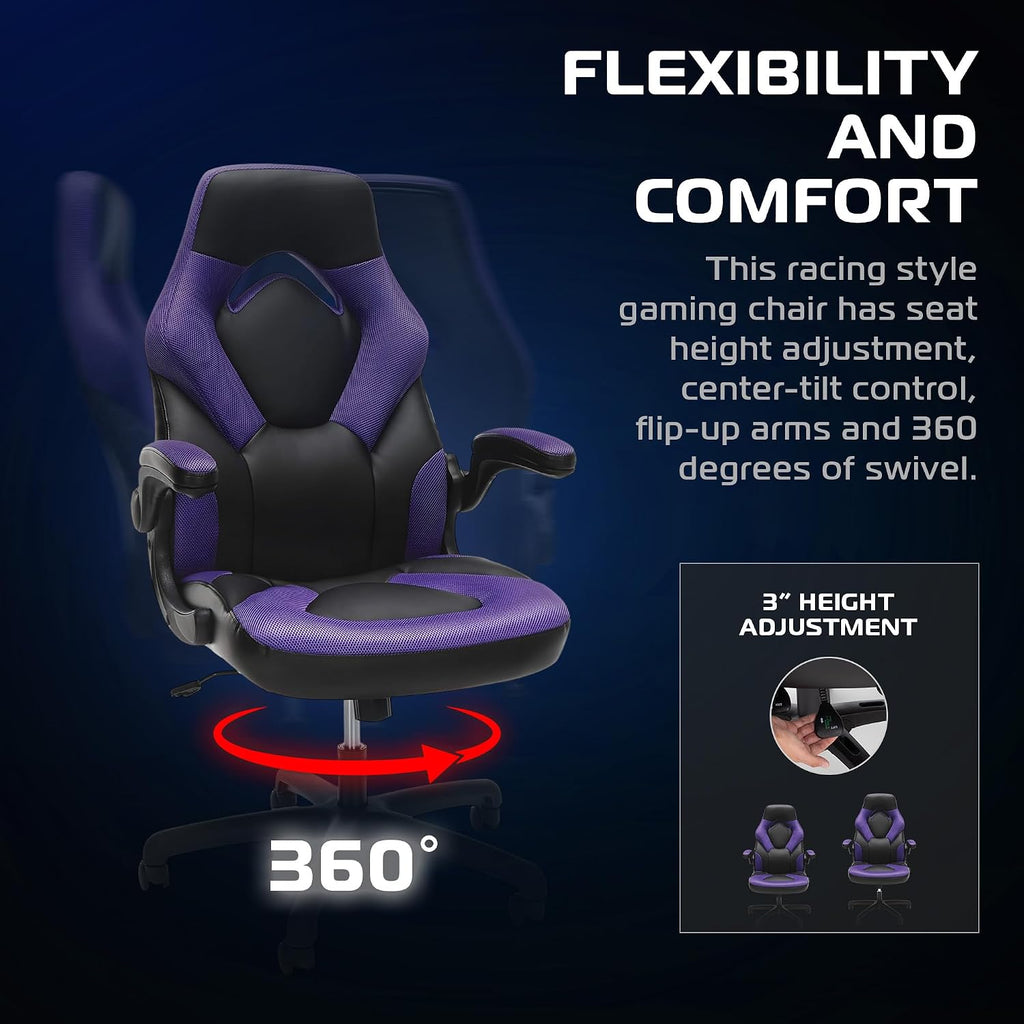 RESPAWN 3085 Ergonomic Gaming Chair for Adults, High Back Office Chair with Headrest and Flip Up Arms, Leather Racing Style Gaming Seat with Lumbar Support, Video Game Computer Desk Seat - Purple