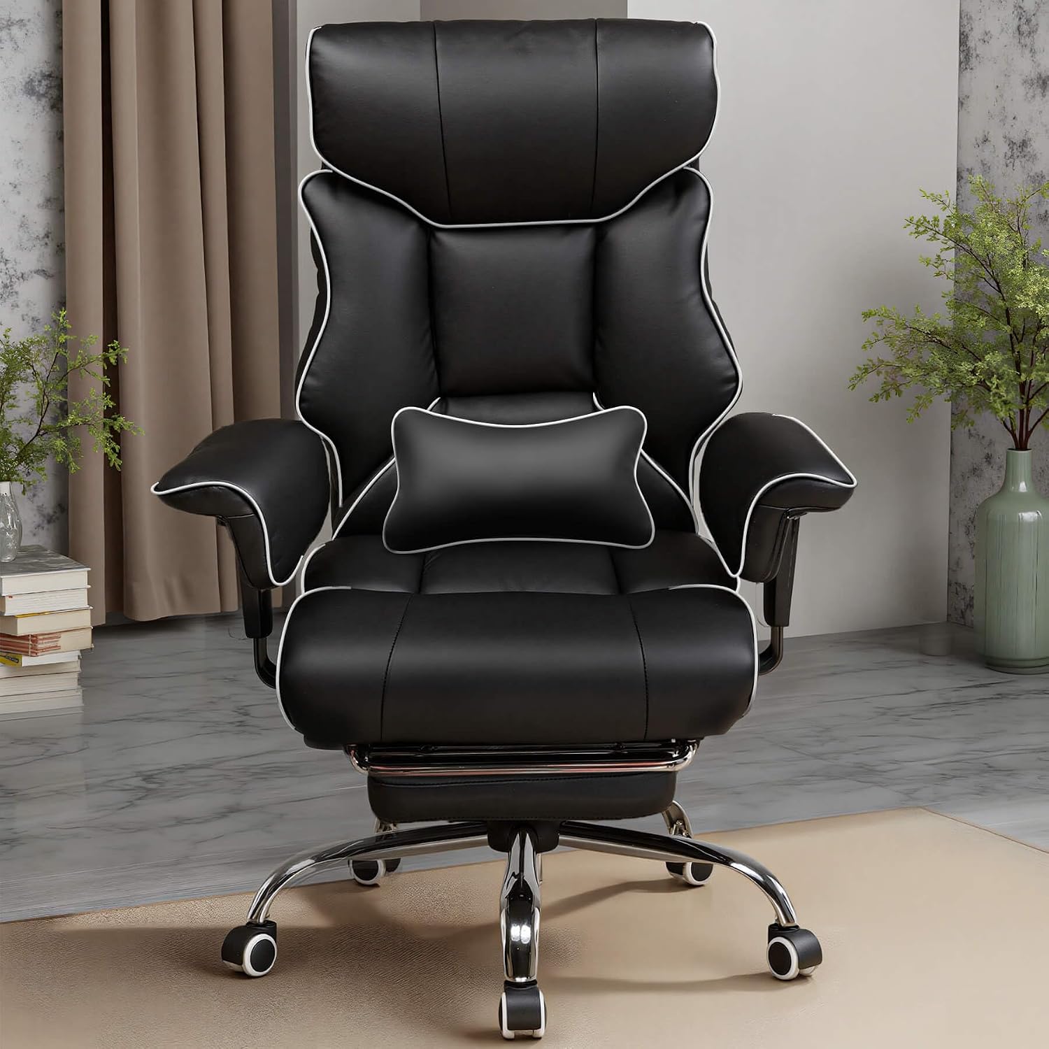 COMHOMA Big and Tall Office Chair 400lbs High Back Gaming Chair with Ergonomic Lumbar Support & Pocket Spring Cushion for Lower Back Pain Relief, Leather Executive Chair with Foot Rest, Iron Black