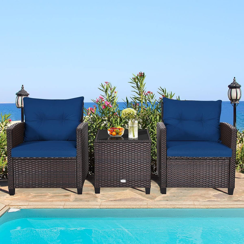 RELAX4LIFE 3 Piece Patio Furniture Set, Wicker Bistro Conversation Set w/ 2 Cushioned Armchairs & Glass Topped Table, Outdoor Rattan Sofa Set Patio Furniture for Porch Balcony Poolside (Navy Blue)