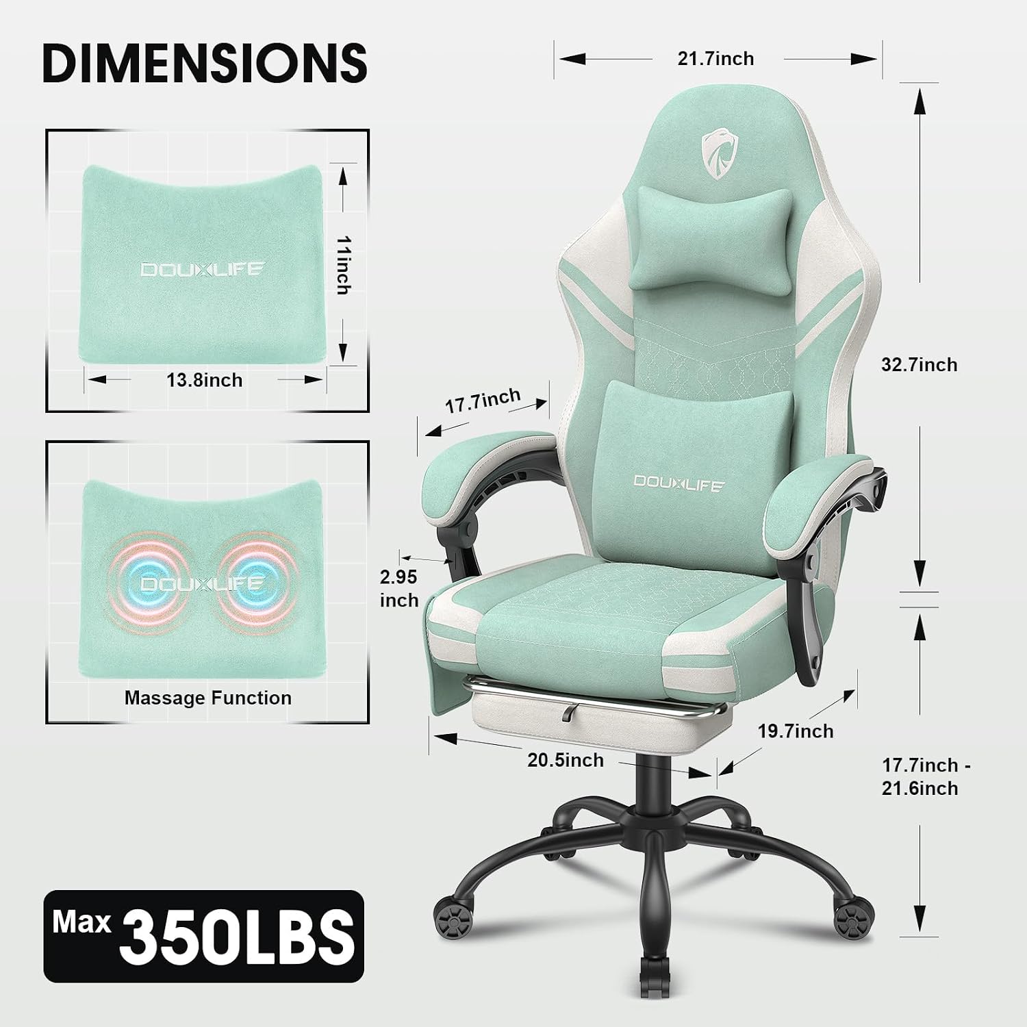 Gaming Chair, Tech Fabric Computer Chair with Massage, Office Chair with Pocket Spring Widened Cushion, High Back Ergonomic Chair with Footrest Lumbar Support Upgraded Metal Legs 350LBS (Green)