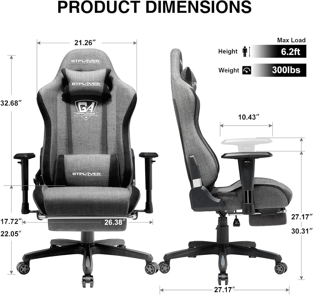 GTPLAYER Gaming Chair with Footrest, Fabric Breathable Big and Tall Ergonomic Computer Chair 350 lbs with Adjustable Lumbar Support and Recliner, High Back Game Chair for Office Gaming, Grey