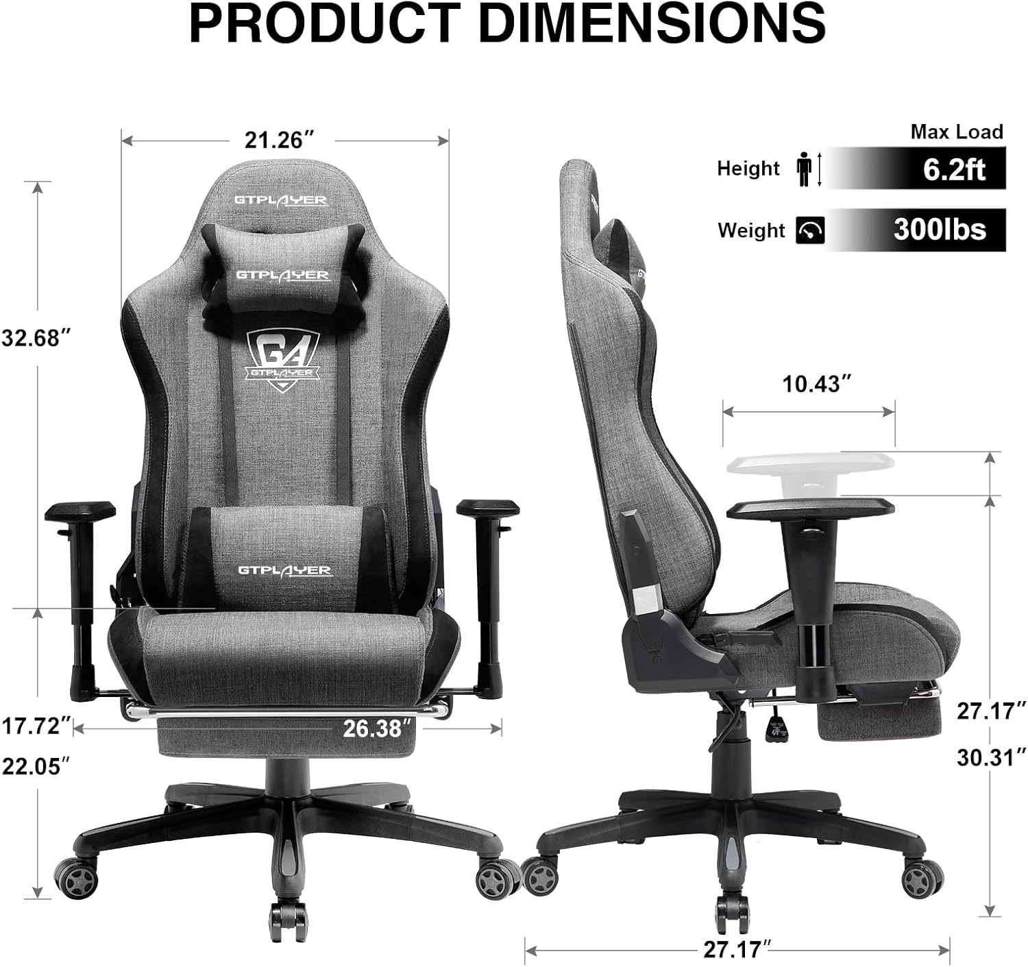 GTPLAYER Gaming Chair with Footrest, Fabric Breathable Big and Tall Ergonomic Computer Chair 350 lbs with Adjustable Lumbar Support and Recliner, High Back Game Chair for Office Gaming, Grey