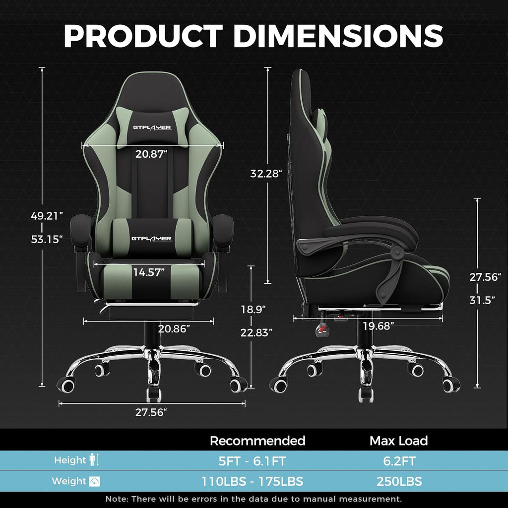 GTPLAYER Gaming Chair, Computer Chair with Footrest and Lumbar Support, Height Adjustable Game Chair with 360°-Swivel Seat and Headrest and for Office or Gaming (Green, Fabric)
