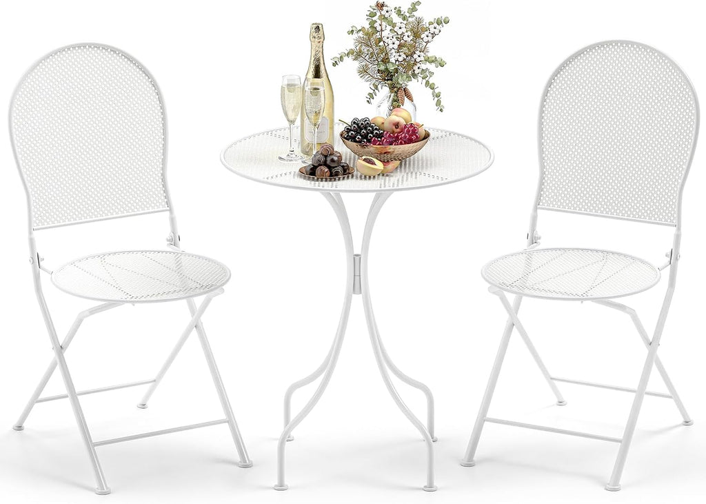 Tangkula 3 Pieces Patio Bistro Set, Metal Table and Folding Chair Set for 2, Outdoor Garden Furniture Set with Round Table & 2 Folding Chairs, Indoor Outdoor Bistro Set for Garden, Yard, Porch (White)